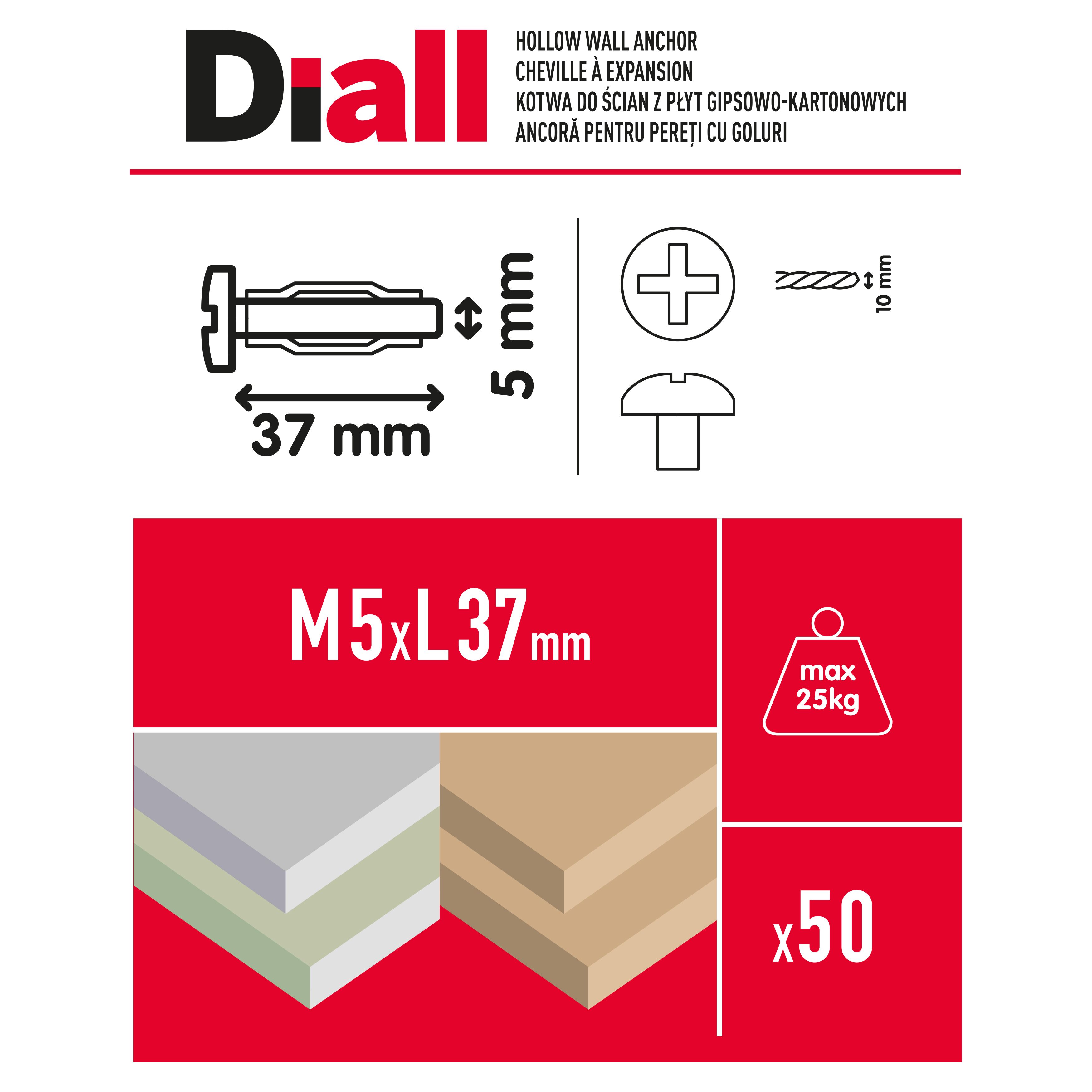 Diall Steel Button Hollow wall anchor M5 (L)37mm, Pack of 50