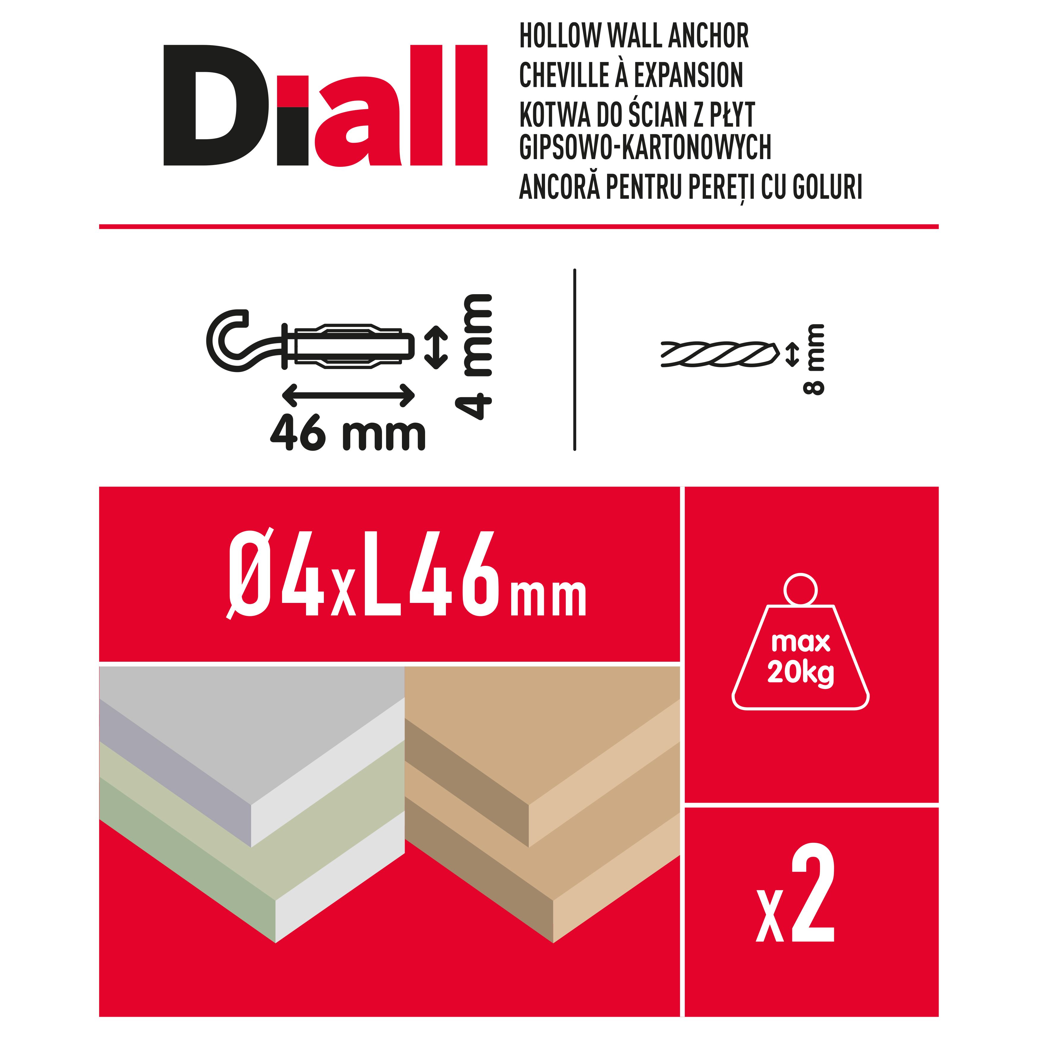 Diall Steel C-hook Hollow wall anchor M4 (L)46mm, Pack of 2
