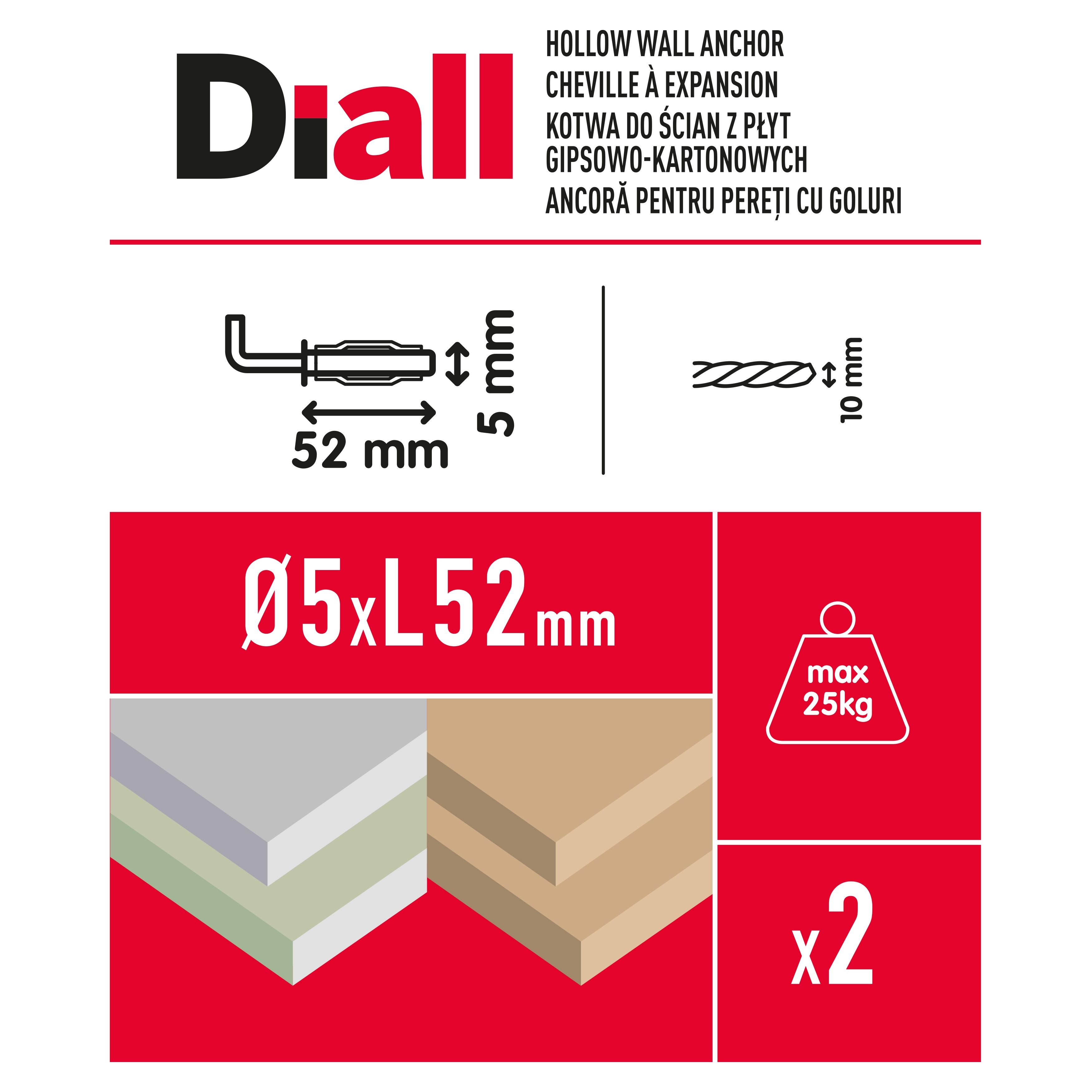 Diall Steel L-hook Hollow wall anchor M5 (L)52mm, Pack of 2