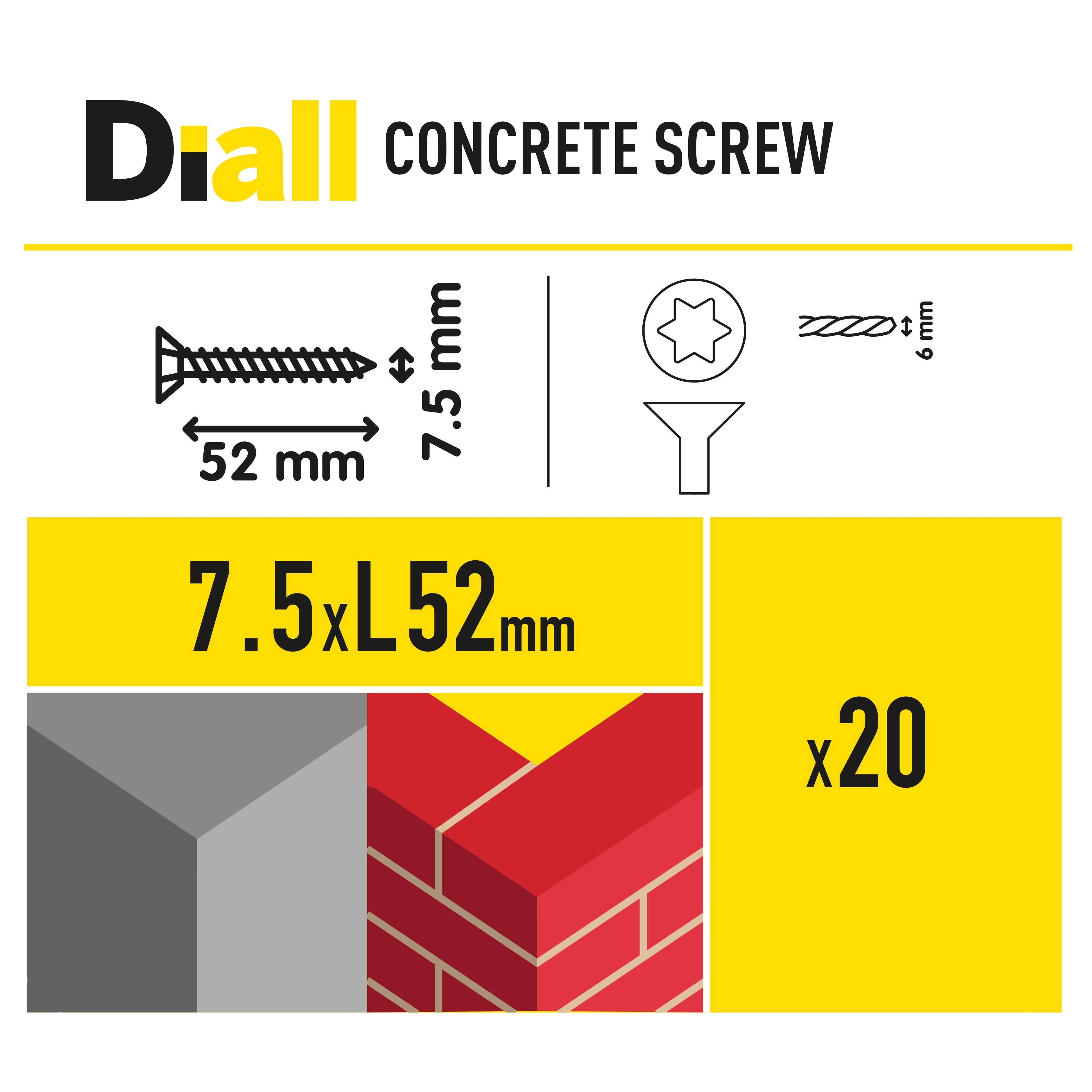 Diall T30 Pan head Steel Concrete screw (Dia)7.5mm (L)52mm, Pack of 20