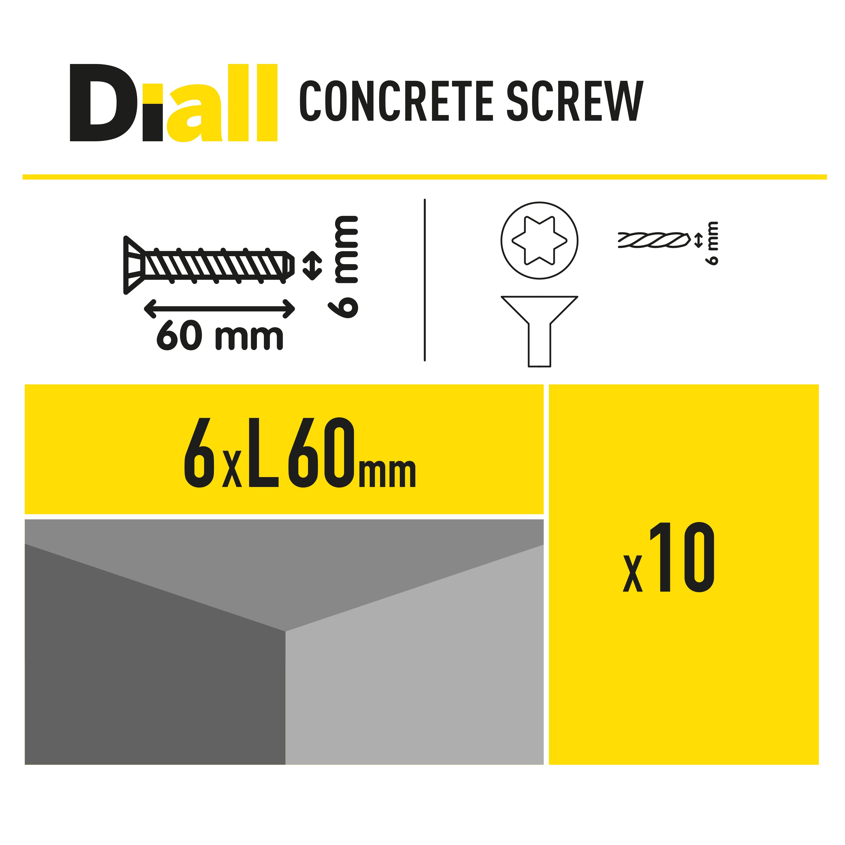 Diall T40 Pan head Steel Concrete screw (Dia)6mm (L)60mm, Pack of 10