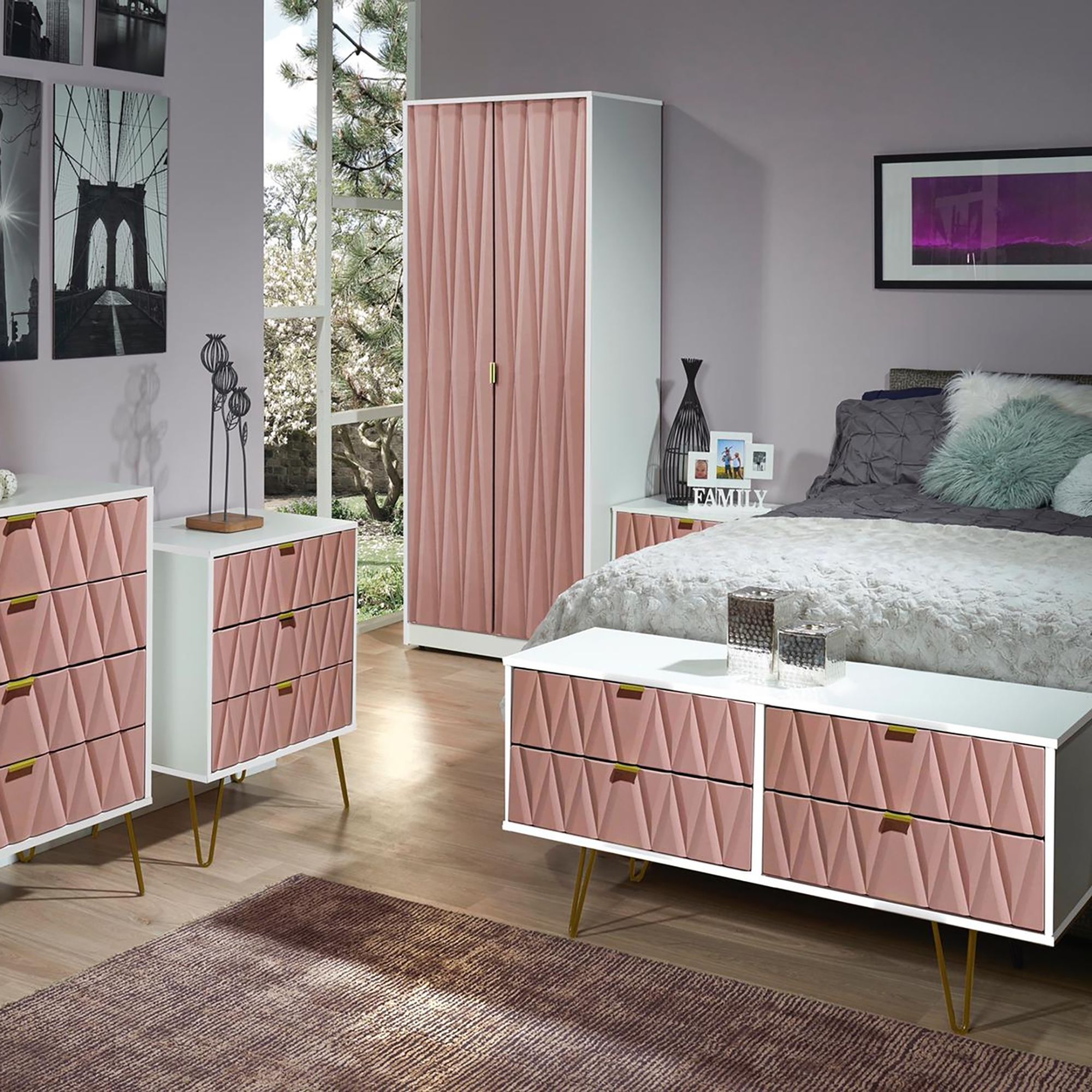 Diamond Matt pink & white 5 Drawer Chest of drawers (H)1075mm (W)395mm (D)415mm