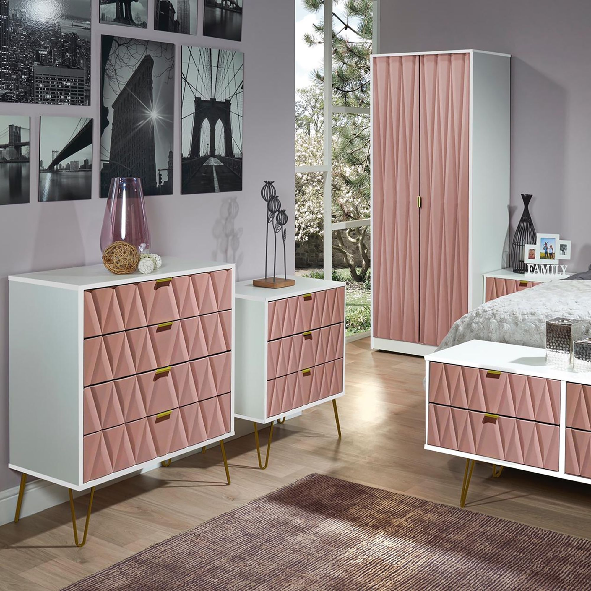 Diamond Pink & white 1 Drawer Side table (H)410mm (W)395mm