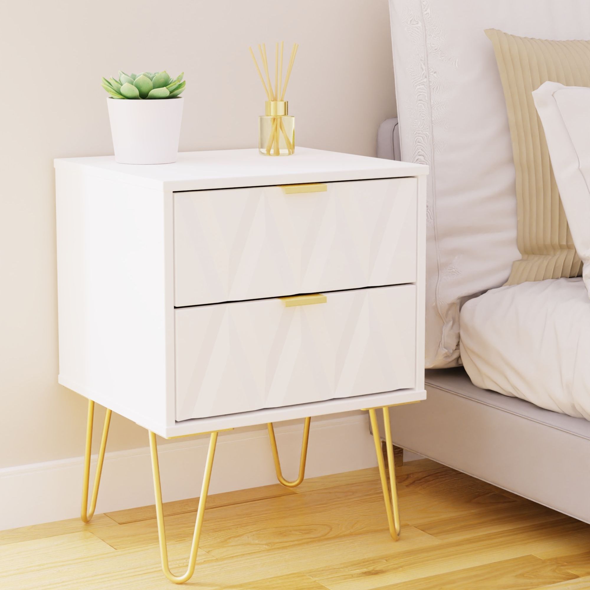 Diamond Ready assembled Matt white 2 Drawer Bedside chest (H)505mm (W)395mm (D)415mm
