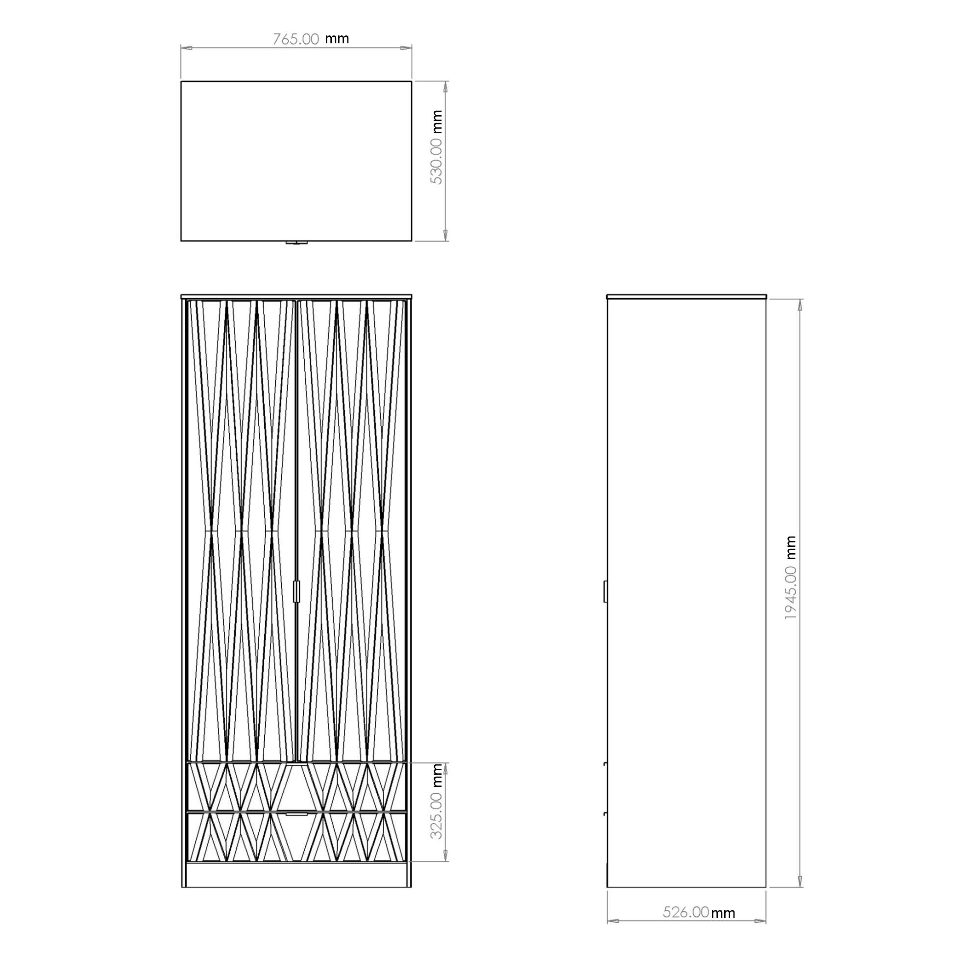 Diamond Ready assembled Modern Matt white 2 Drawer Tall Double Wardrobe (H)1970mm (W)740mm (D)530mm