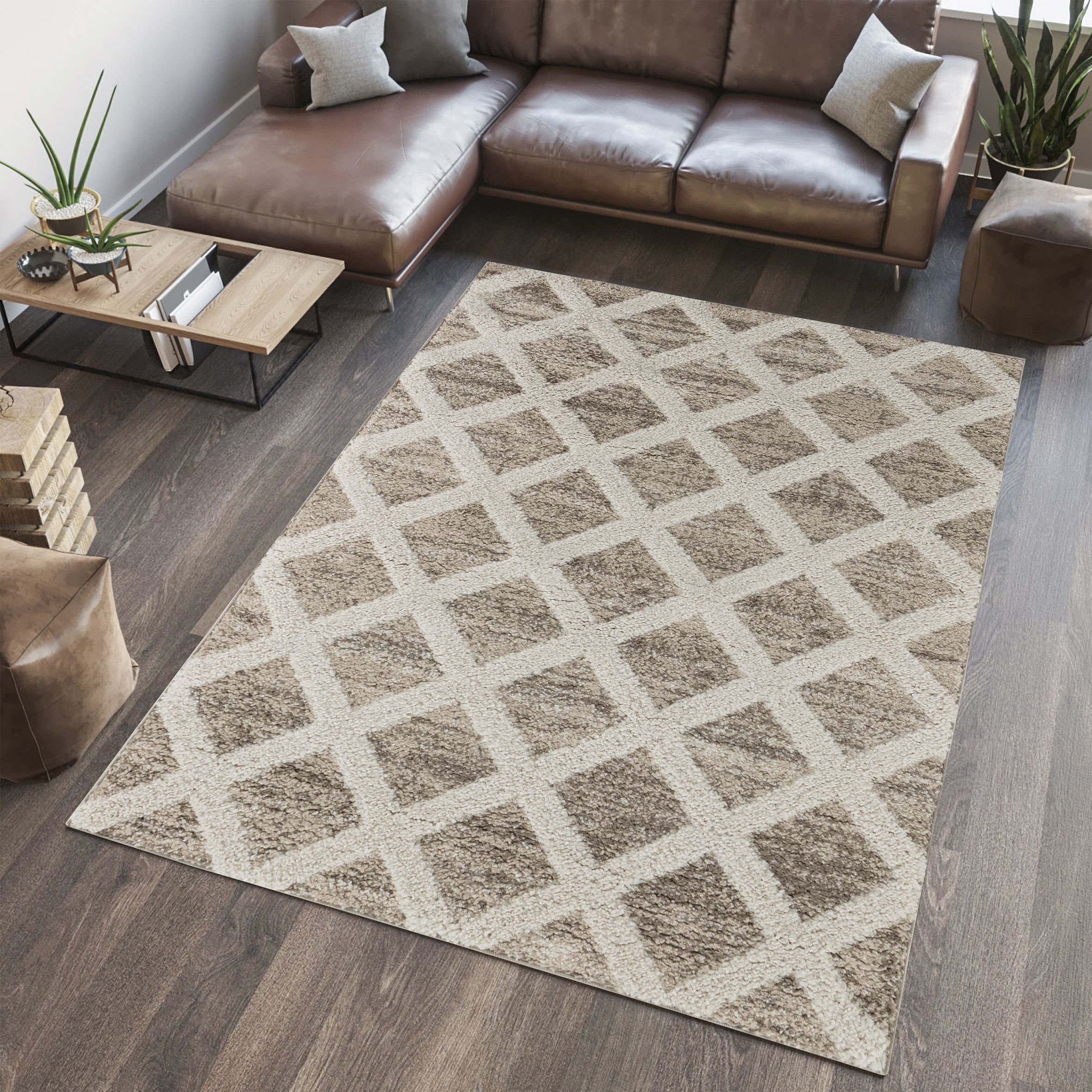 Diamond Shaggy Natural Woven effect Medium Rug, (L)170cm x (W)120cm