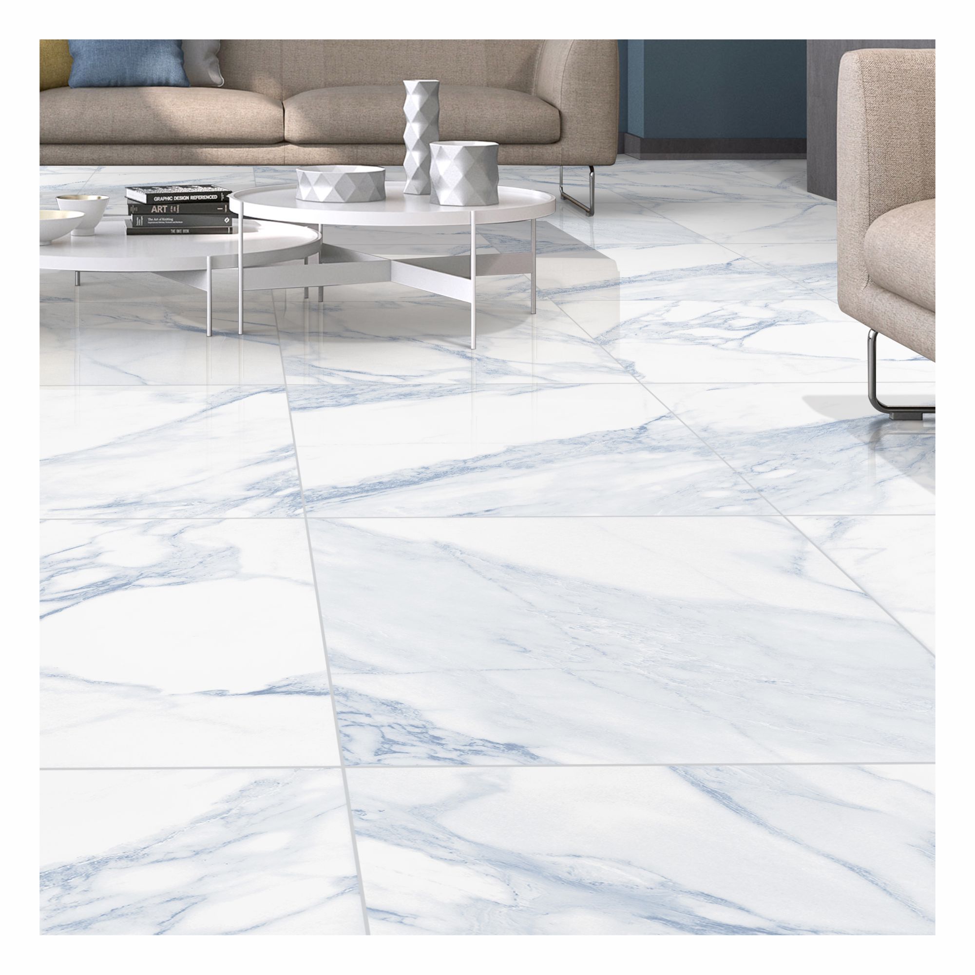 Dolore White+Blue Gloss Marble effect Porcelain Wall & floor Tile, Pack of 3, (L)600mm (W)600mm