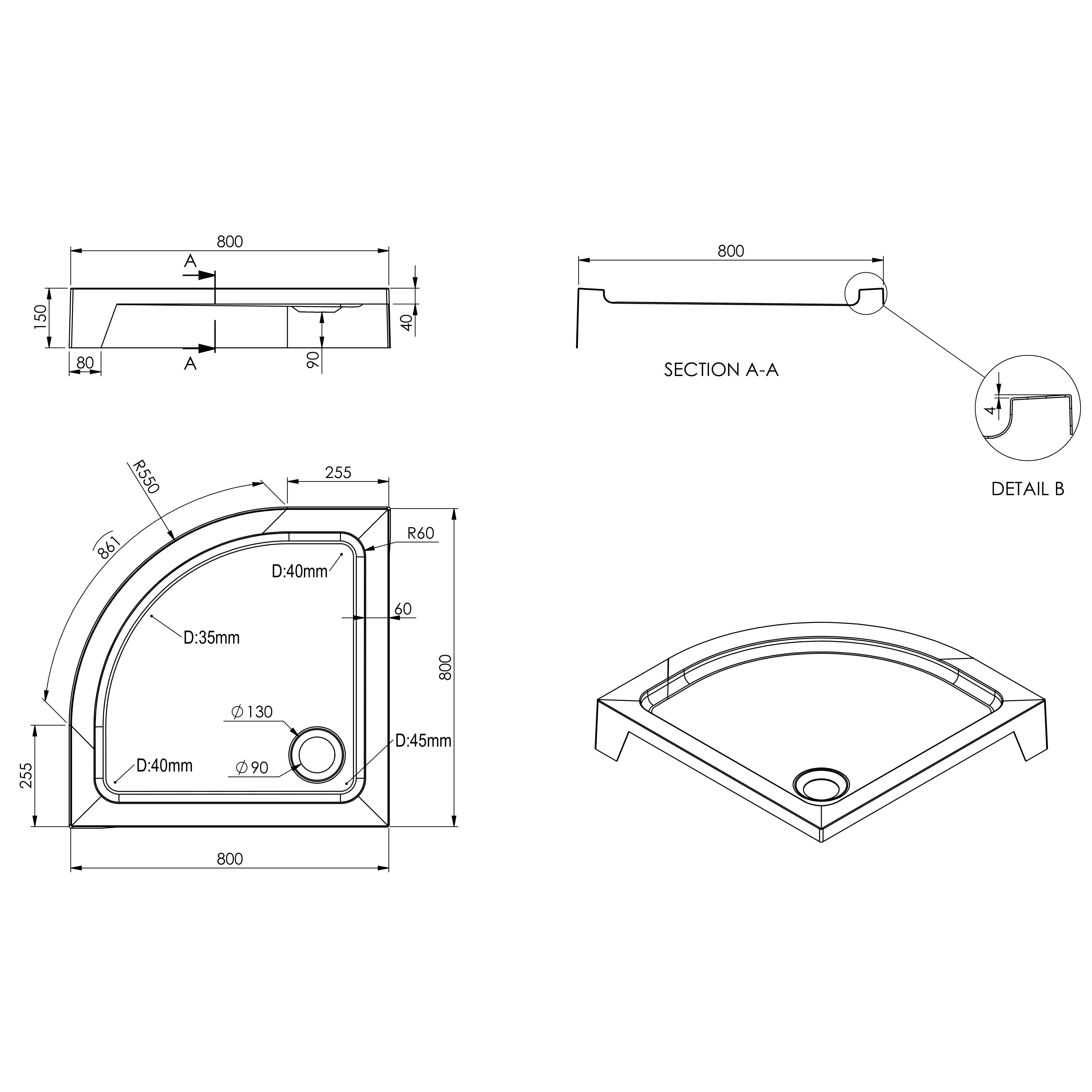 Dommel Gloss White Quadrant Corner drain Shower tray (L)80cm (W)80cm (H)15cm