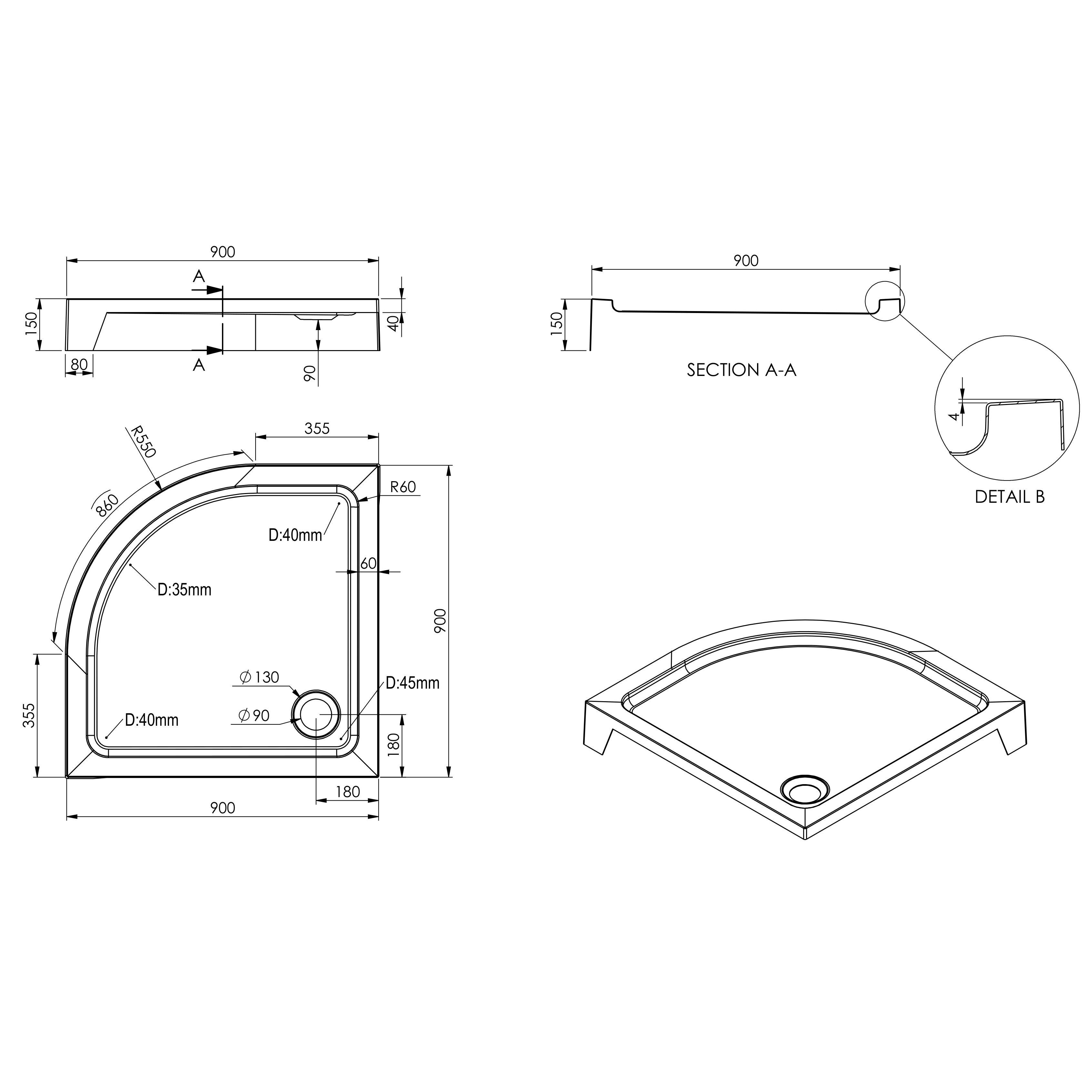 Dommel Gloss White Quadrant Corner drain Shower tray (L)90cm (W)90cm (H)15cm