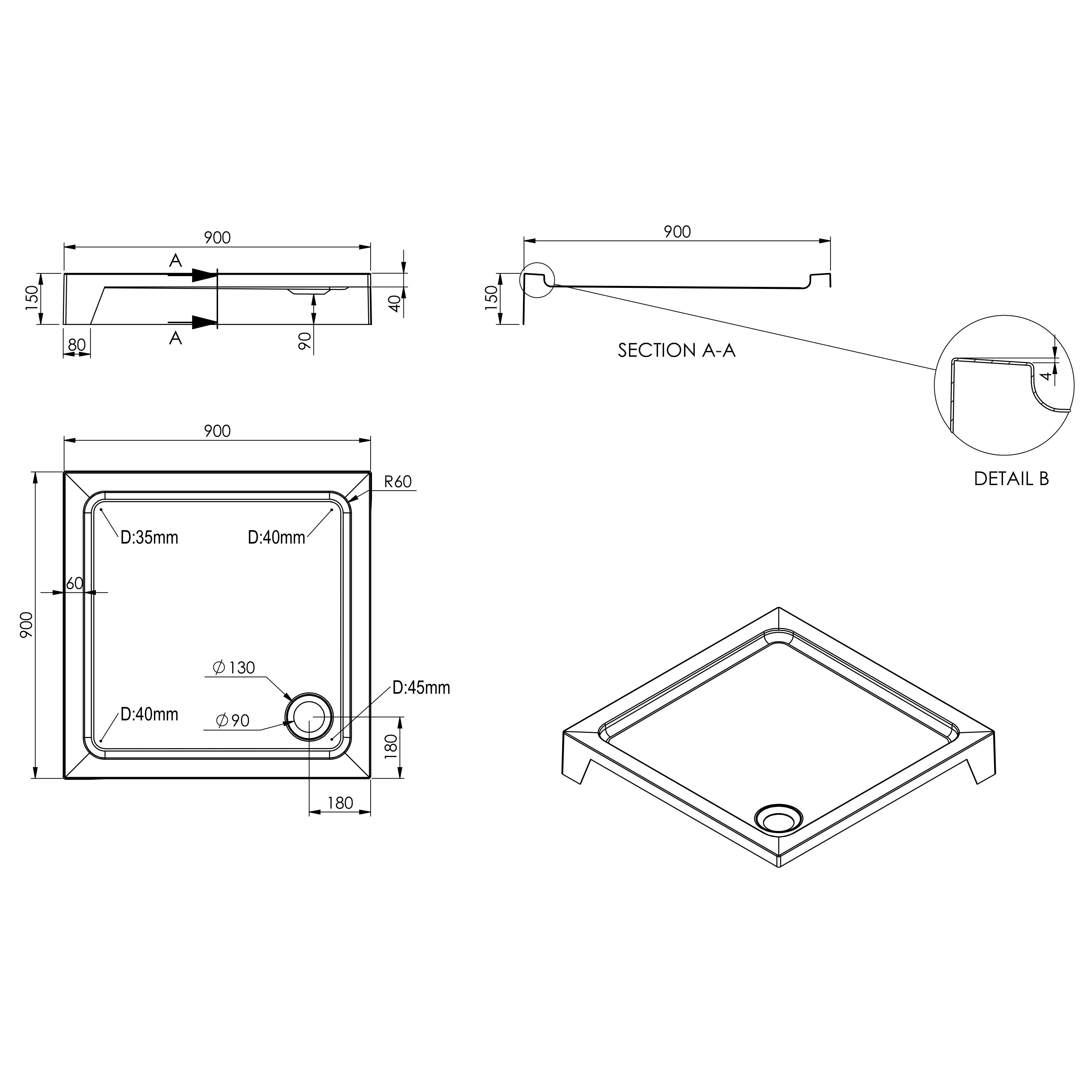 Dommel Gloss White Square Corner drain Shower tray (L)90cm (W)90cm (H)15cm