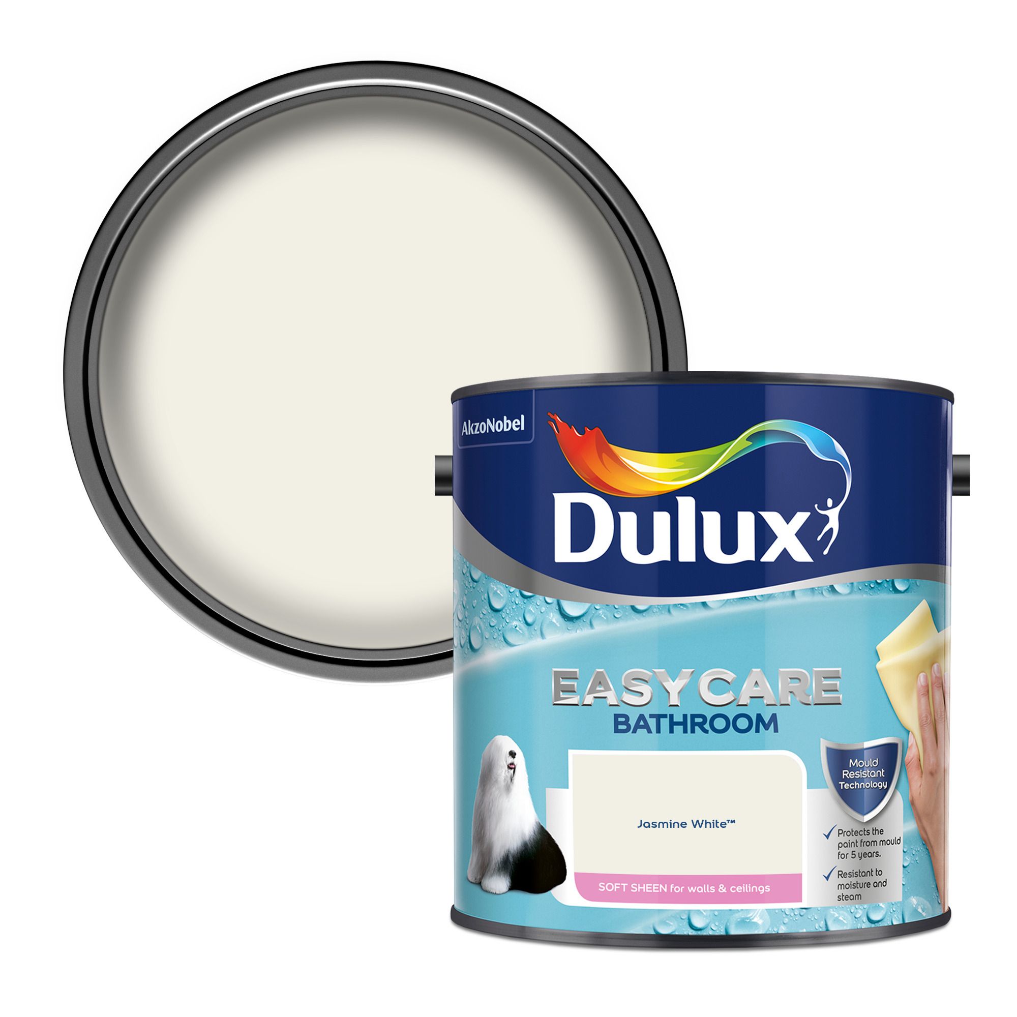 Dulux Easycare Bathroom Jasmine white Soft sheen Emulsion paint, 2.5L