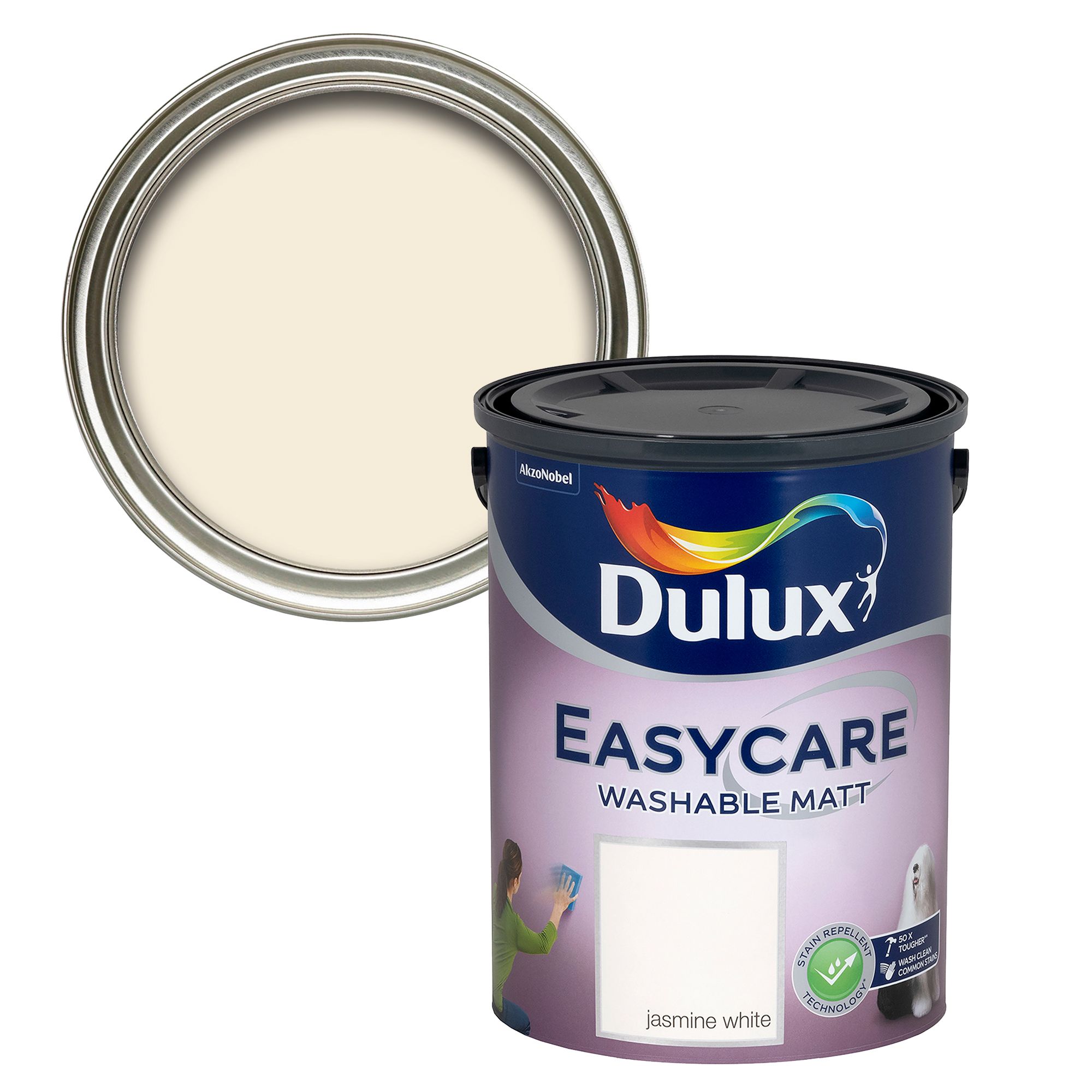 Dulux Easycare Jasmine white Flat matt Emulsion paint, 5L Tradepoint