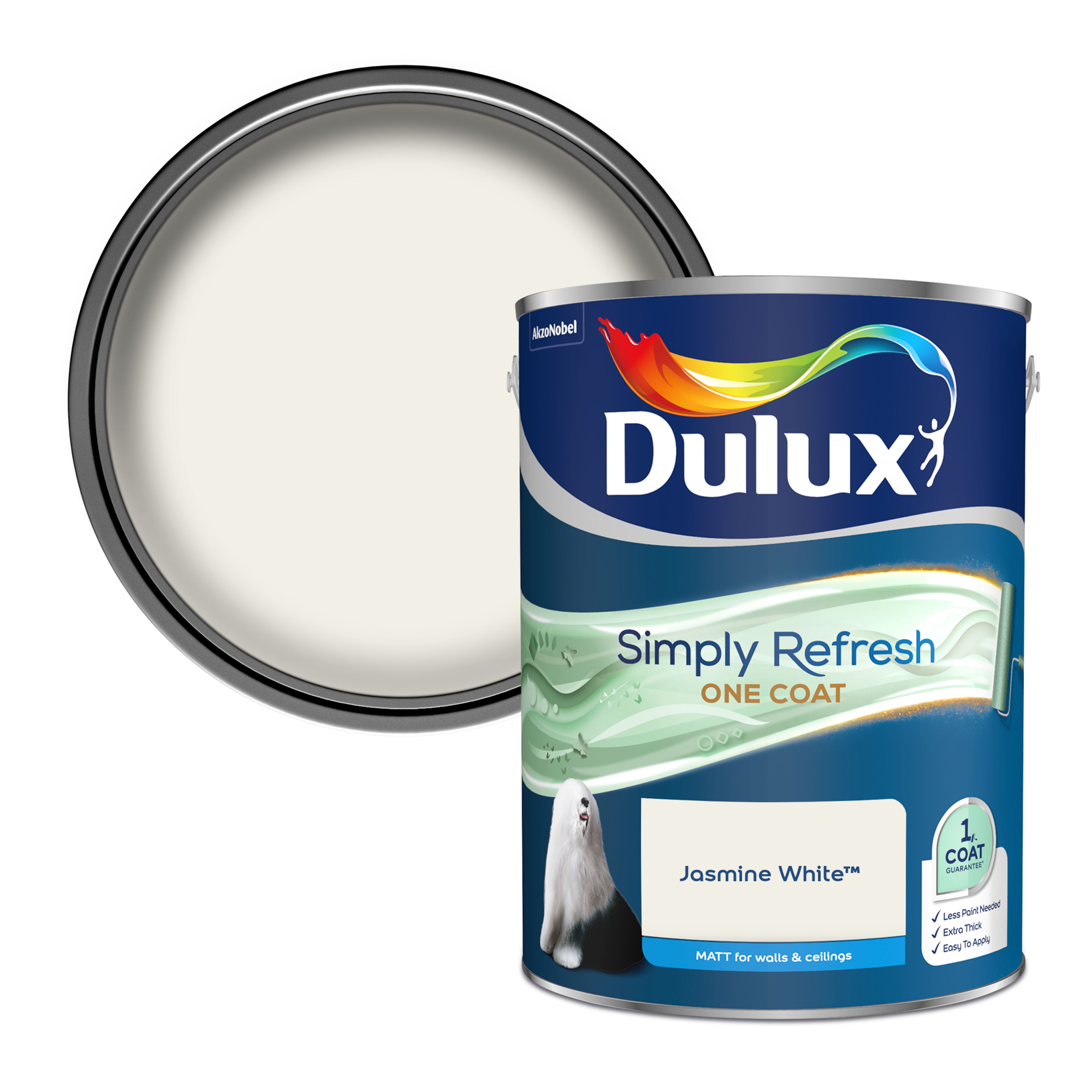 Dulux One coat Jasmine white Matt Emulsion paint, 5L Tradepoint