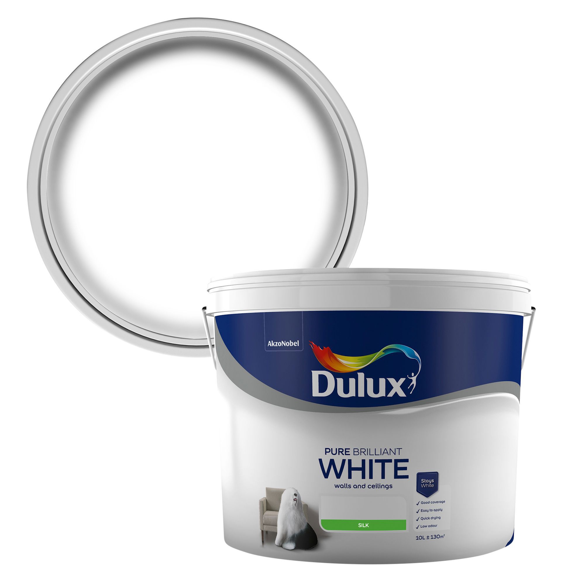 Dulux Pure brilliant white Silk Emulsion paint, 10L Tradepoint
