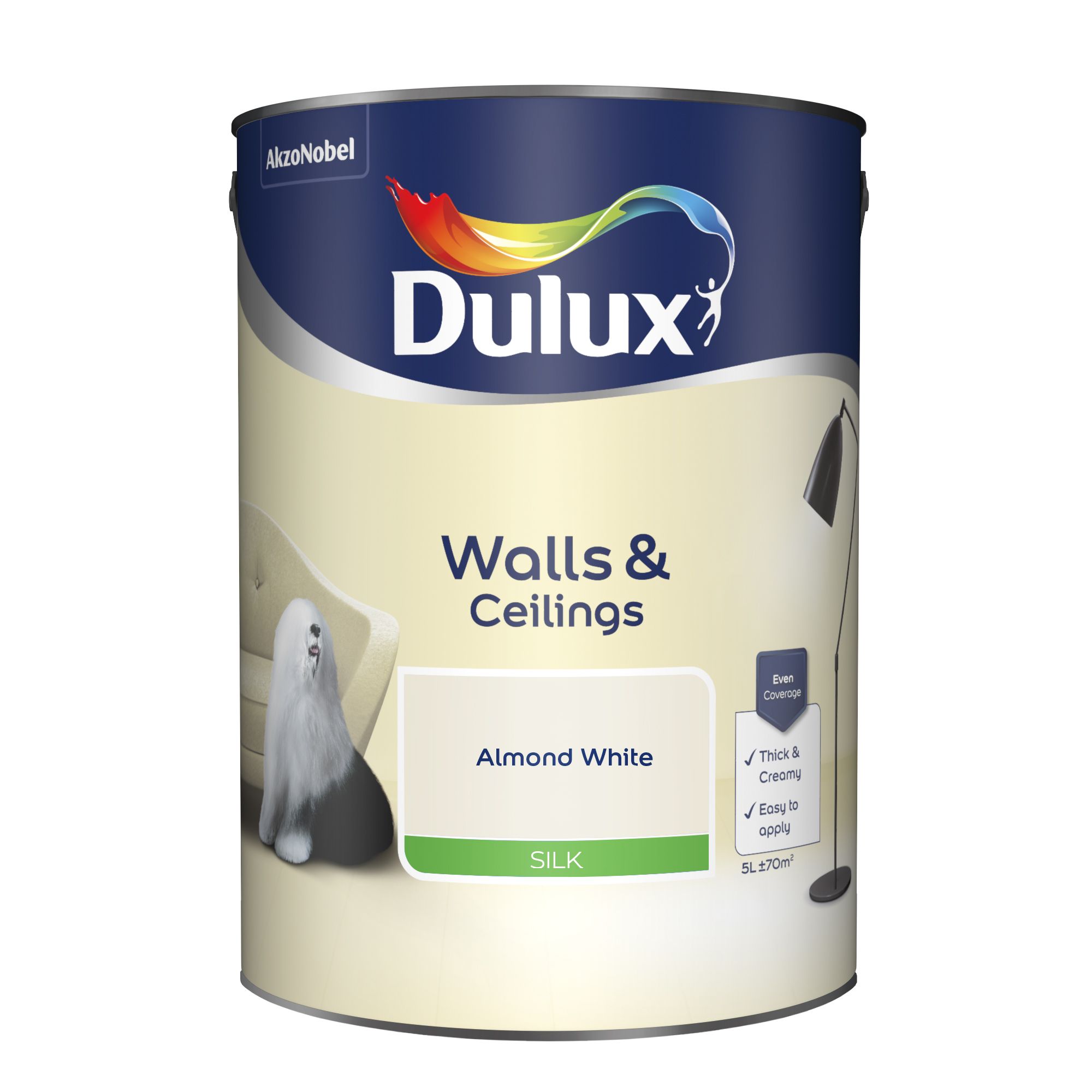Dulux Walls & ceilings Almond white Silk Emulsion paint, 5L