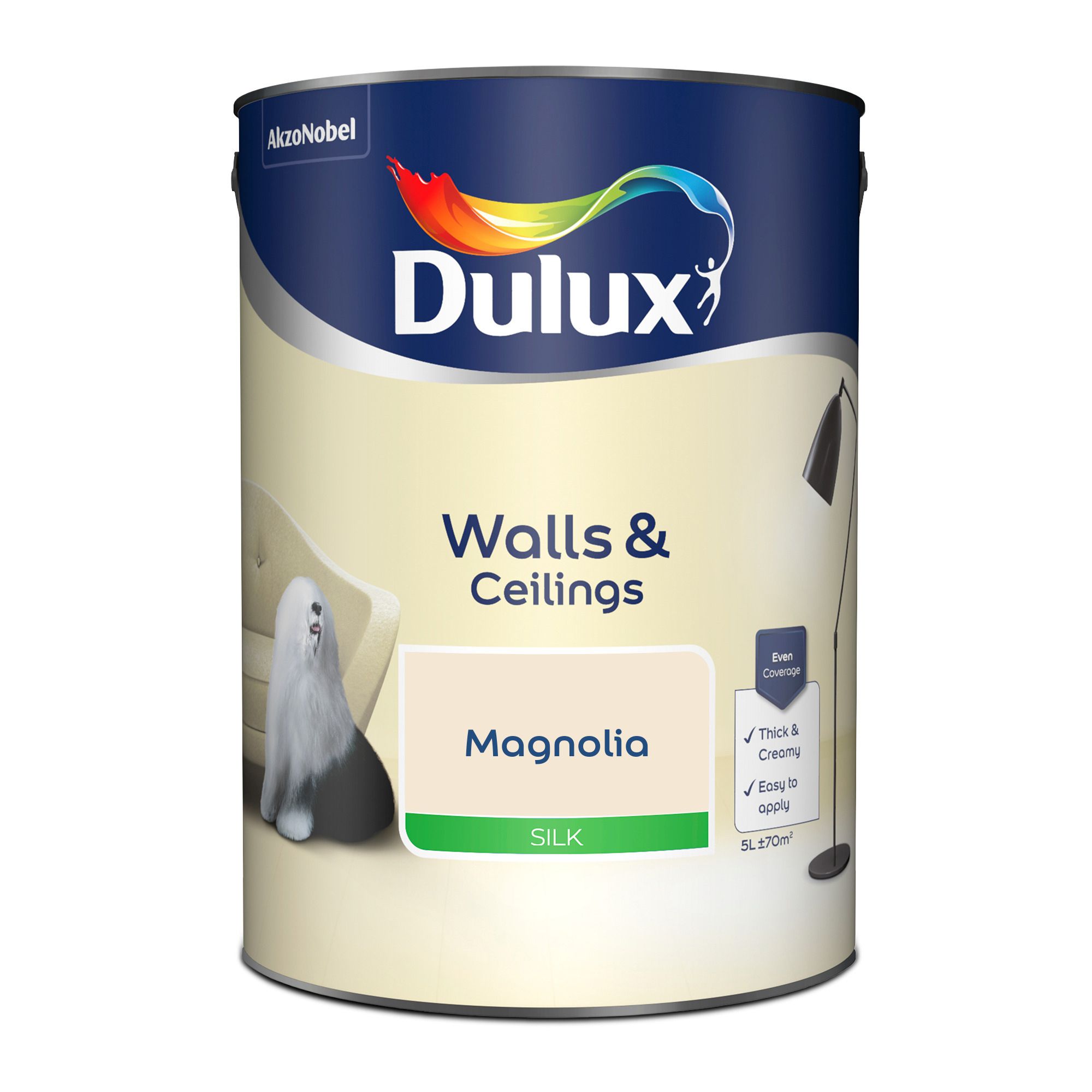 Dulux Walls & ceilings Magnolia Silk Emulsion paint, 5L