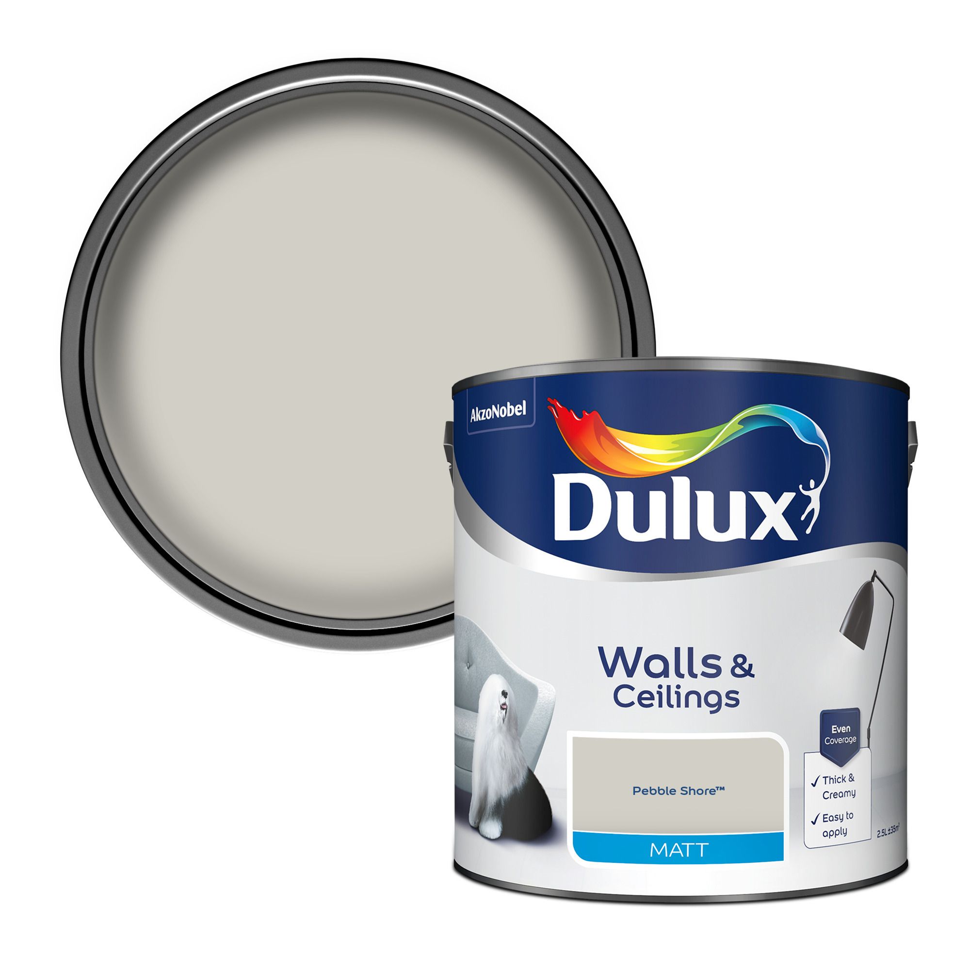 Product image for Dulux Walls & ceilings Pebble shore Matt Emulsion paint, 2.5L