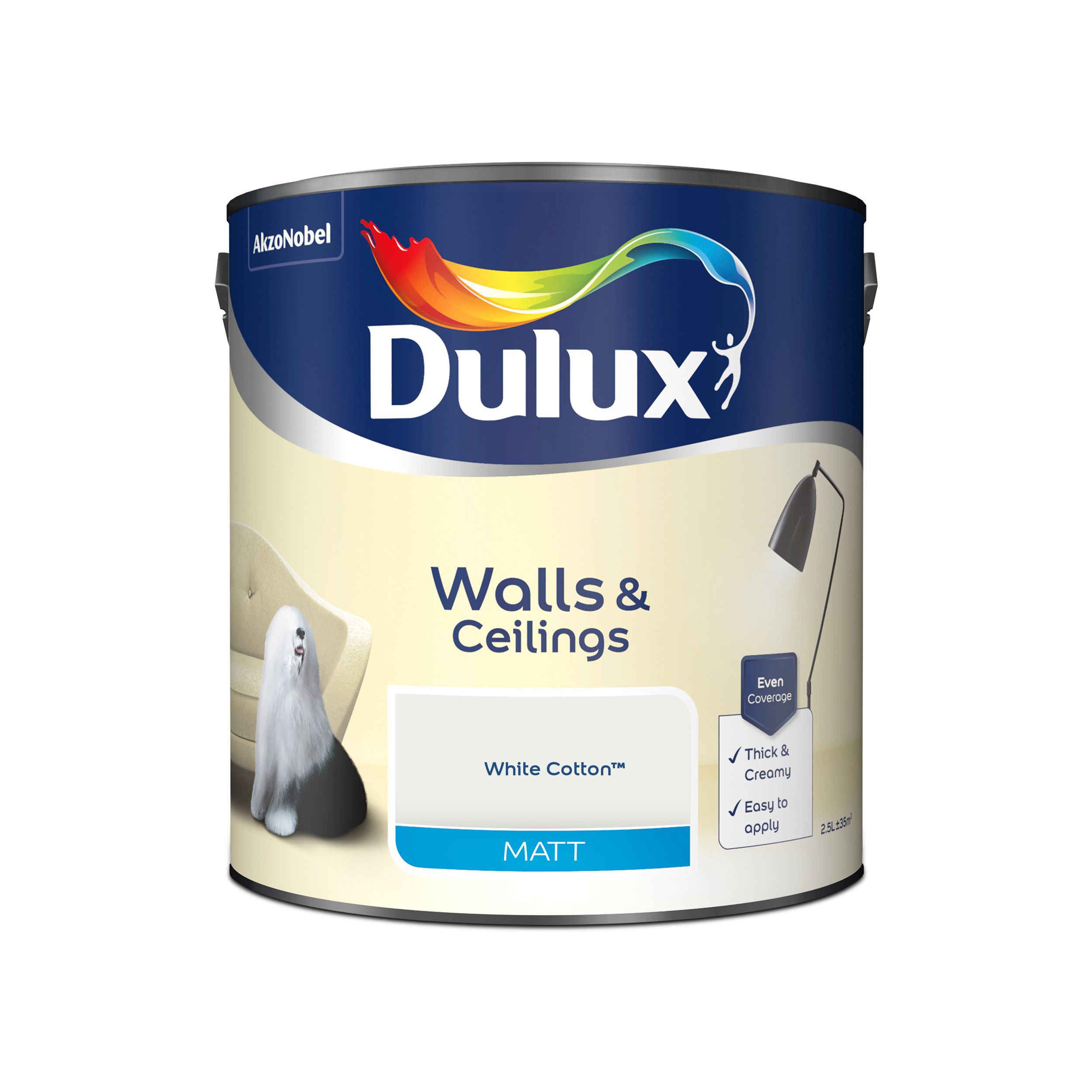 Dulux Walls & ceilings White cotton Matt Emulsion paint, 2.5L