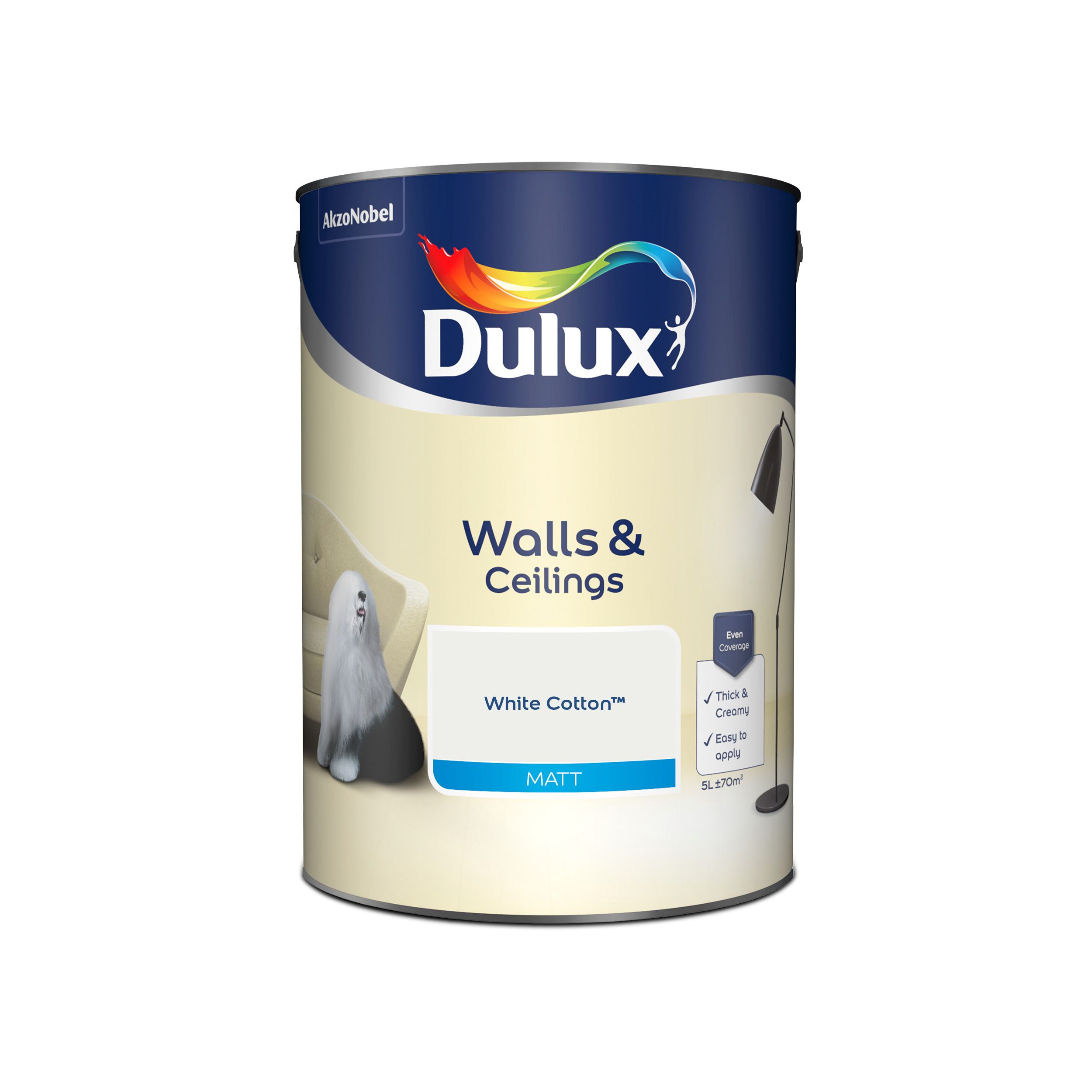 Dulux Walls & ceilings White cotton Matt Emulsion paint, 5L