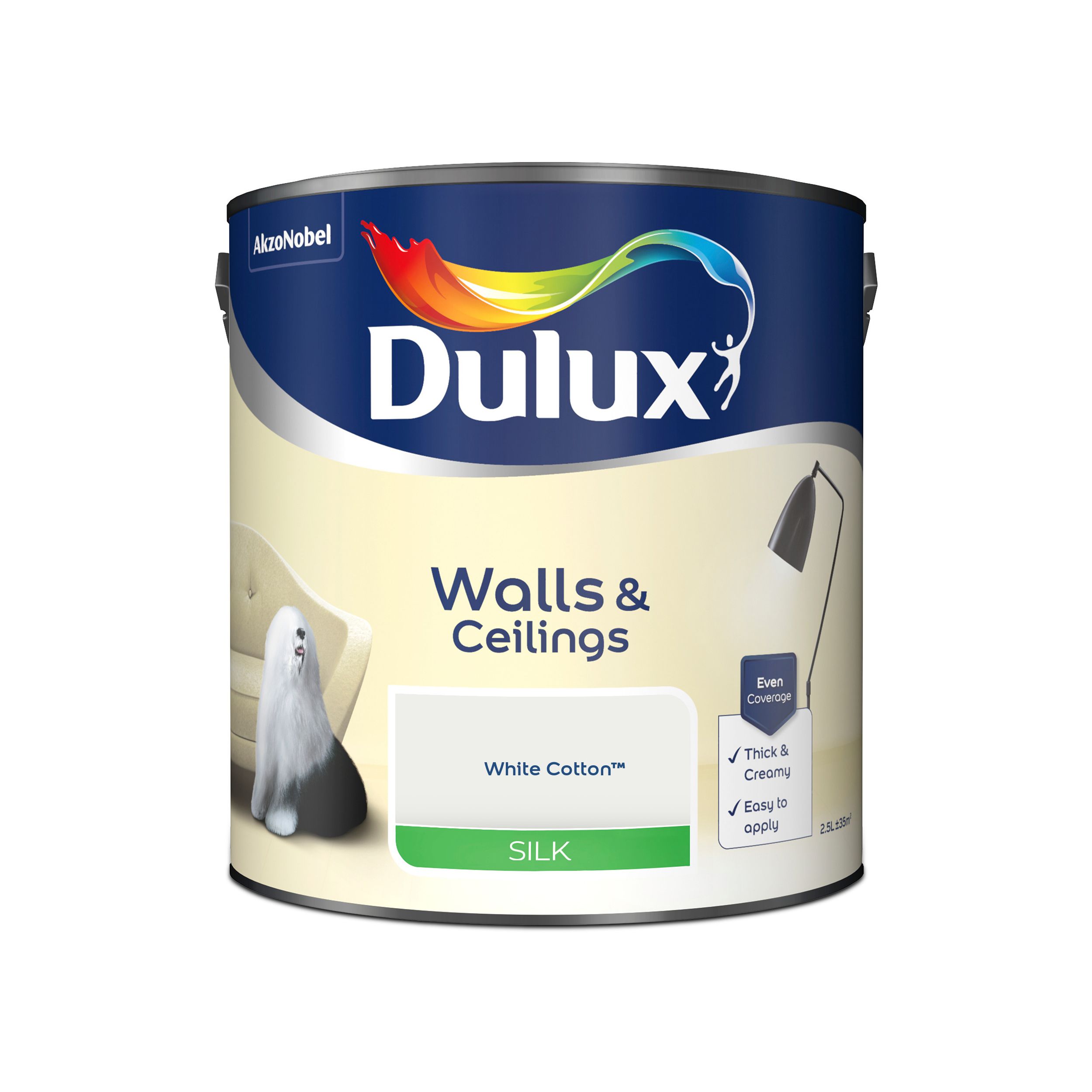 Dulux Walls & ceilings White cotton Silk Emulsion paint, 2.5L