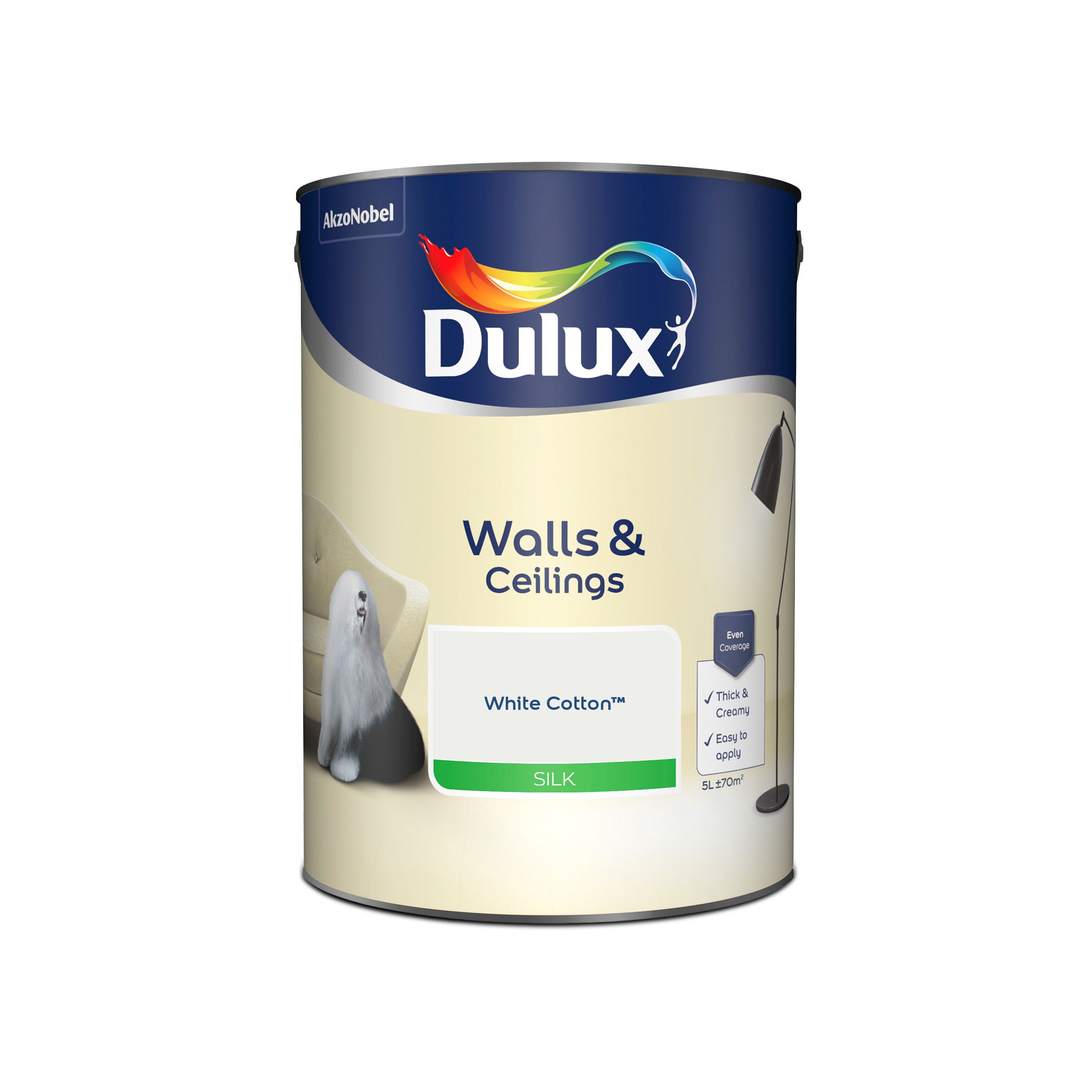 Dulux Walls & ceilings White cotton Silk Emulsion paint, 5L