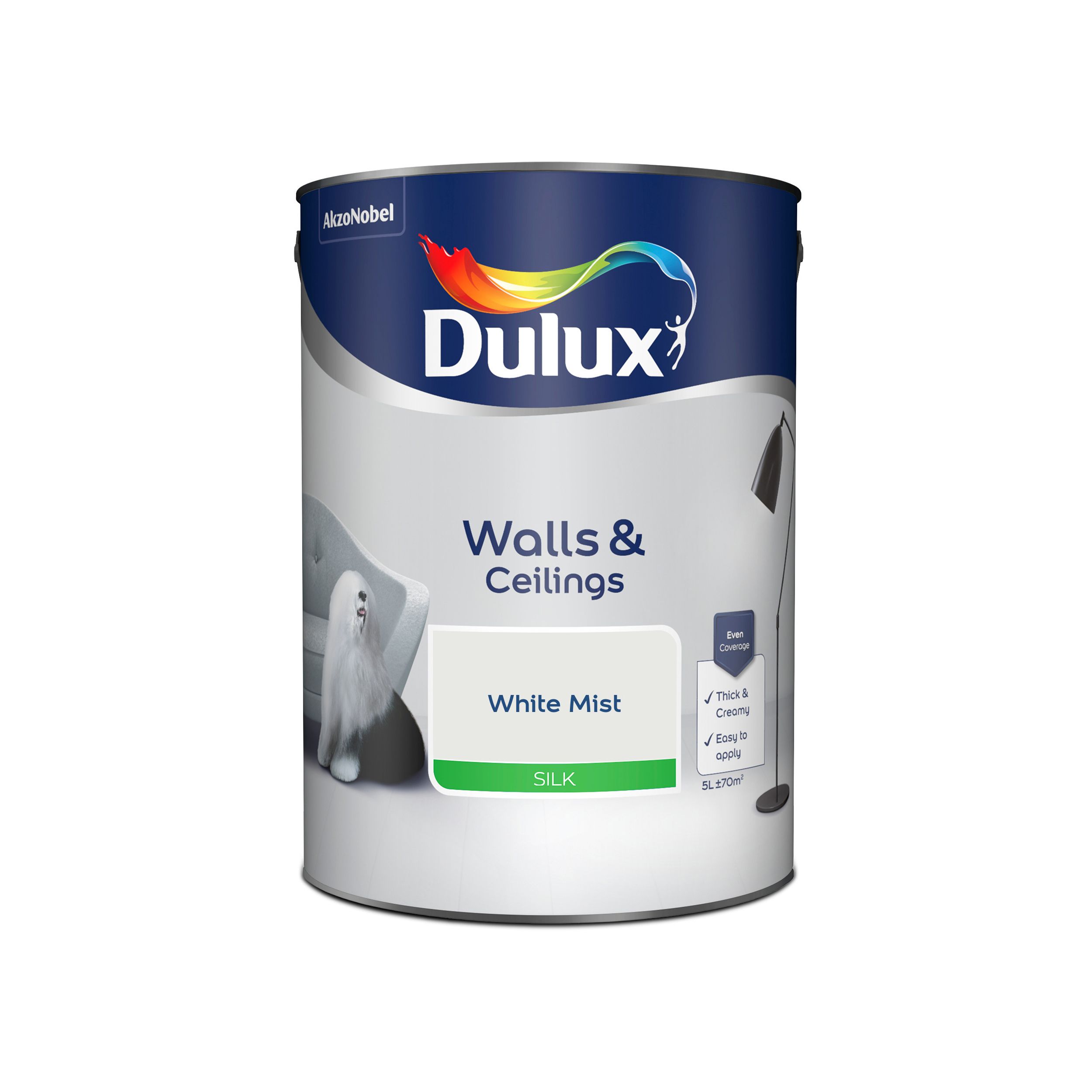 Dulux Walls & ceilings White mist Silk Emulsion paint, 5L