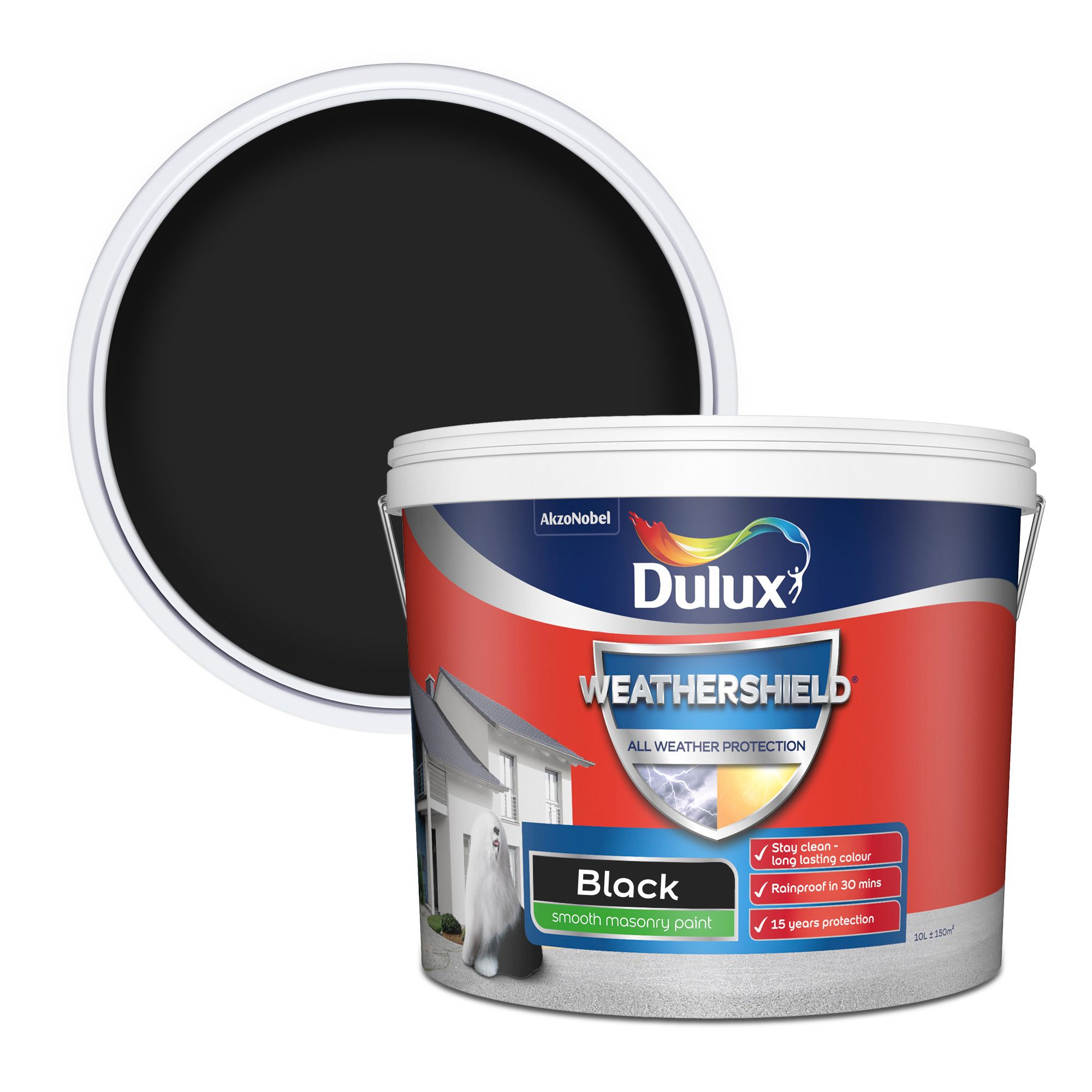 Dulux Weathershield All Weather Protection Black Smooth Matt Masonry paint, 10L Tin