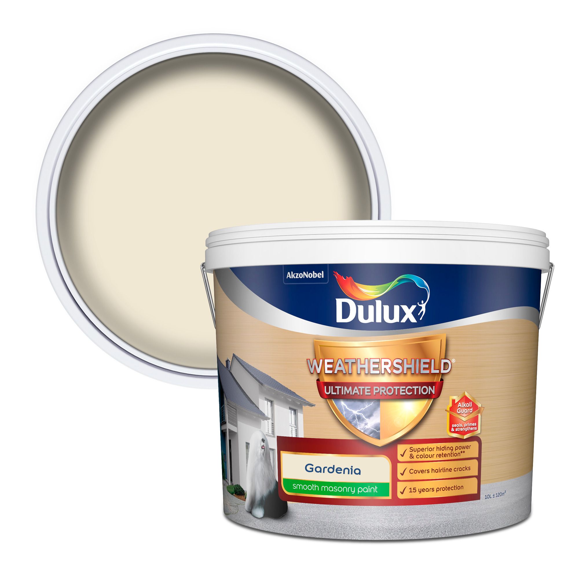 Dulux Weathershield Gardenia Smooth Matt Masonry paint, 10L Tradepoint