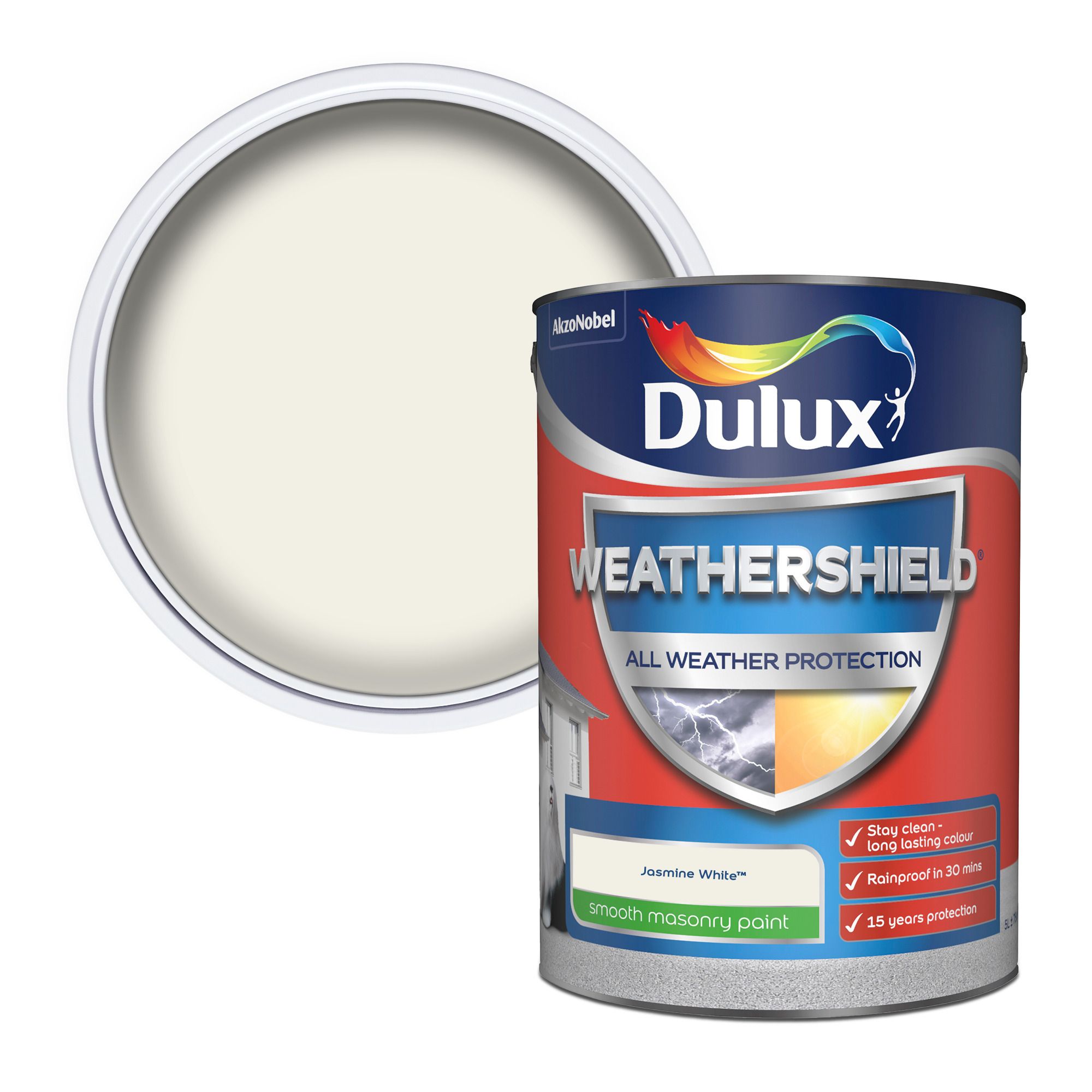Product image for Dulux Weathershield Jasmine white Smooth Matt Masonry paint, 5L