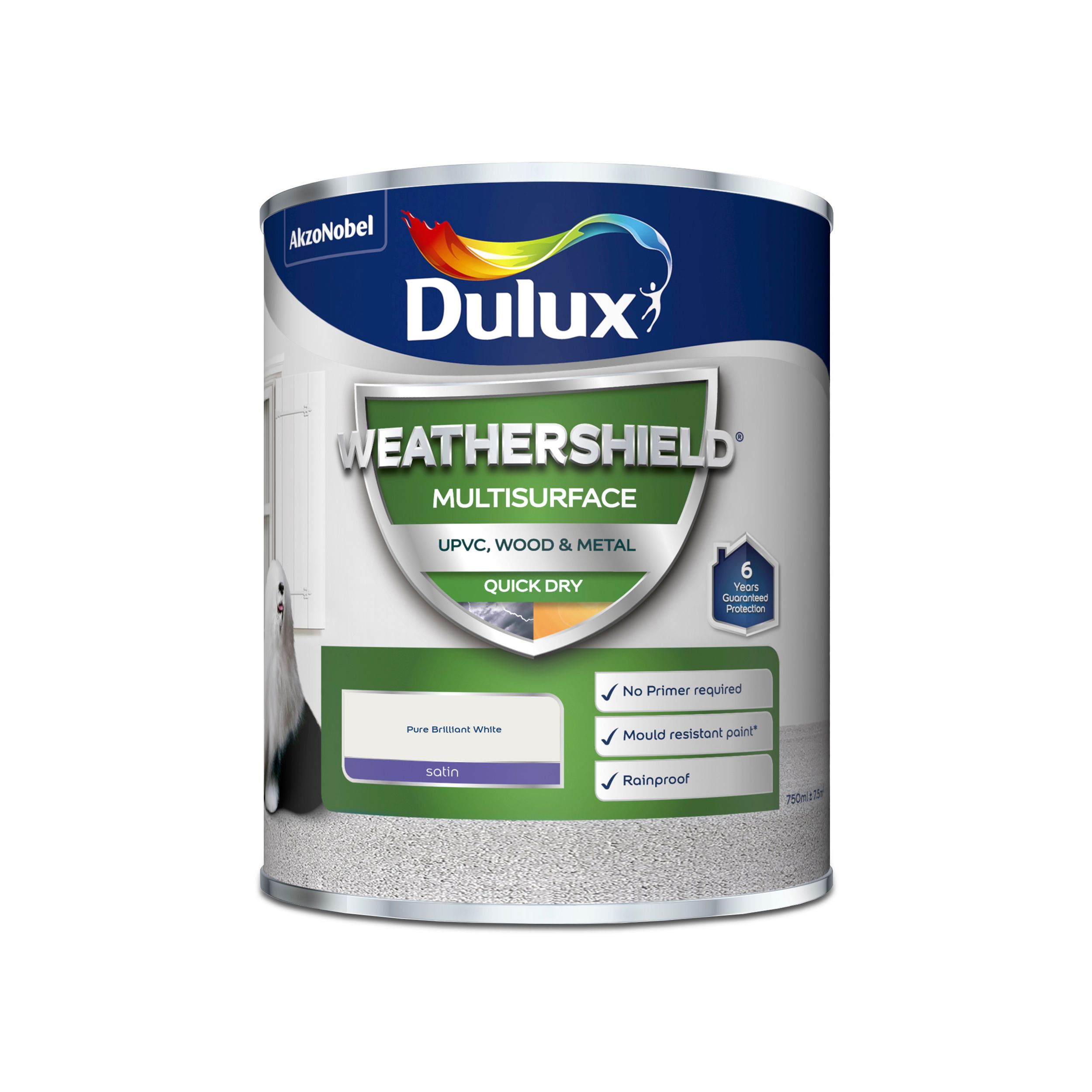 Dulux Weathershield Pure brilliant white Satinwood Multi-surface paint, 750ml