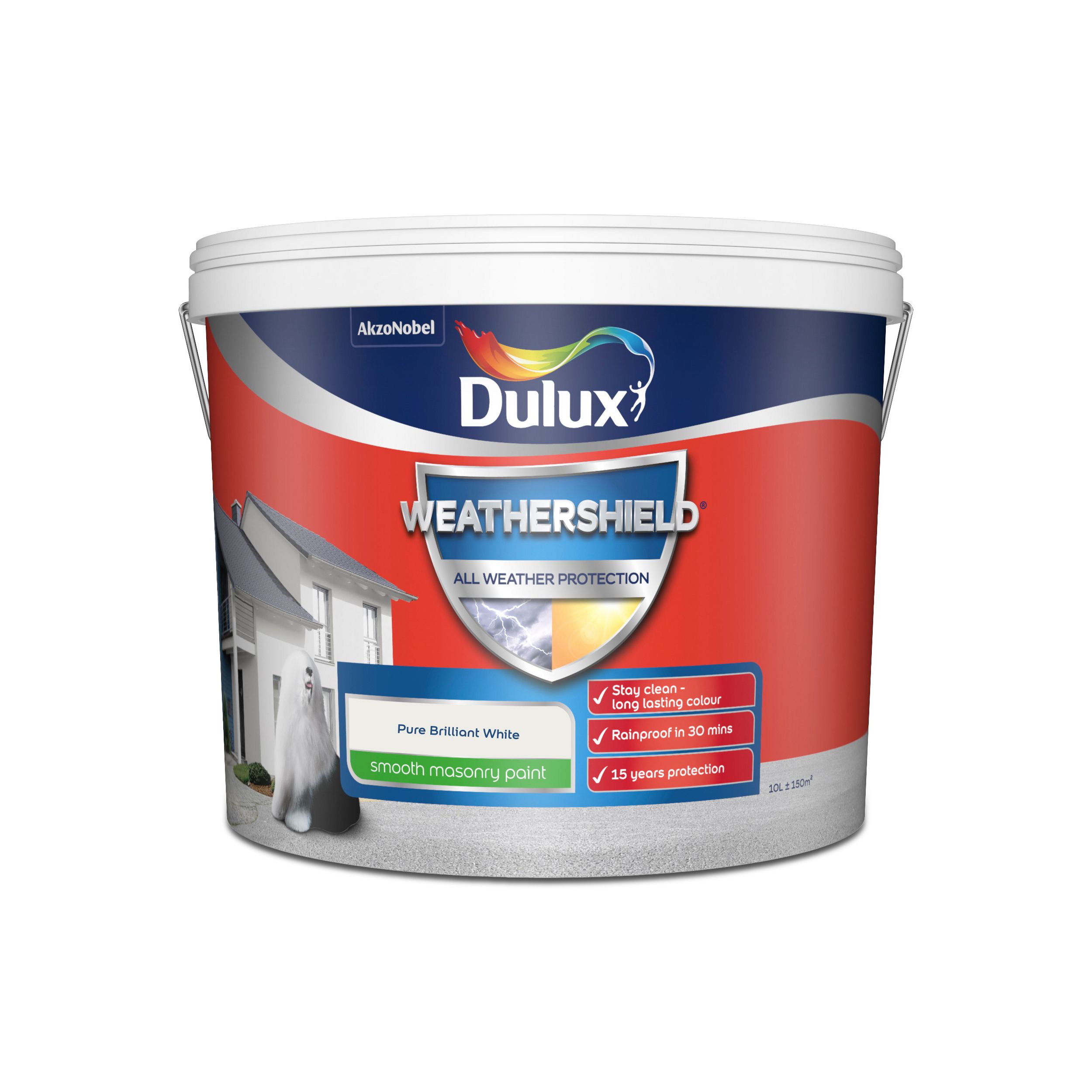 Dulux Weathershield Pure brilliant white Smooth Matt Masonry paint, 10L