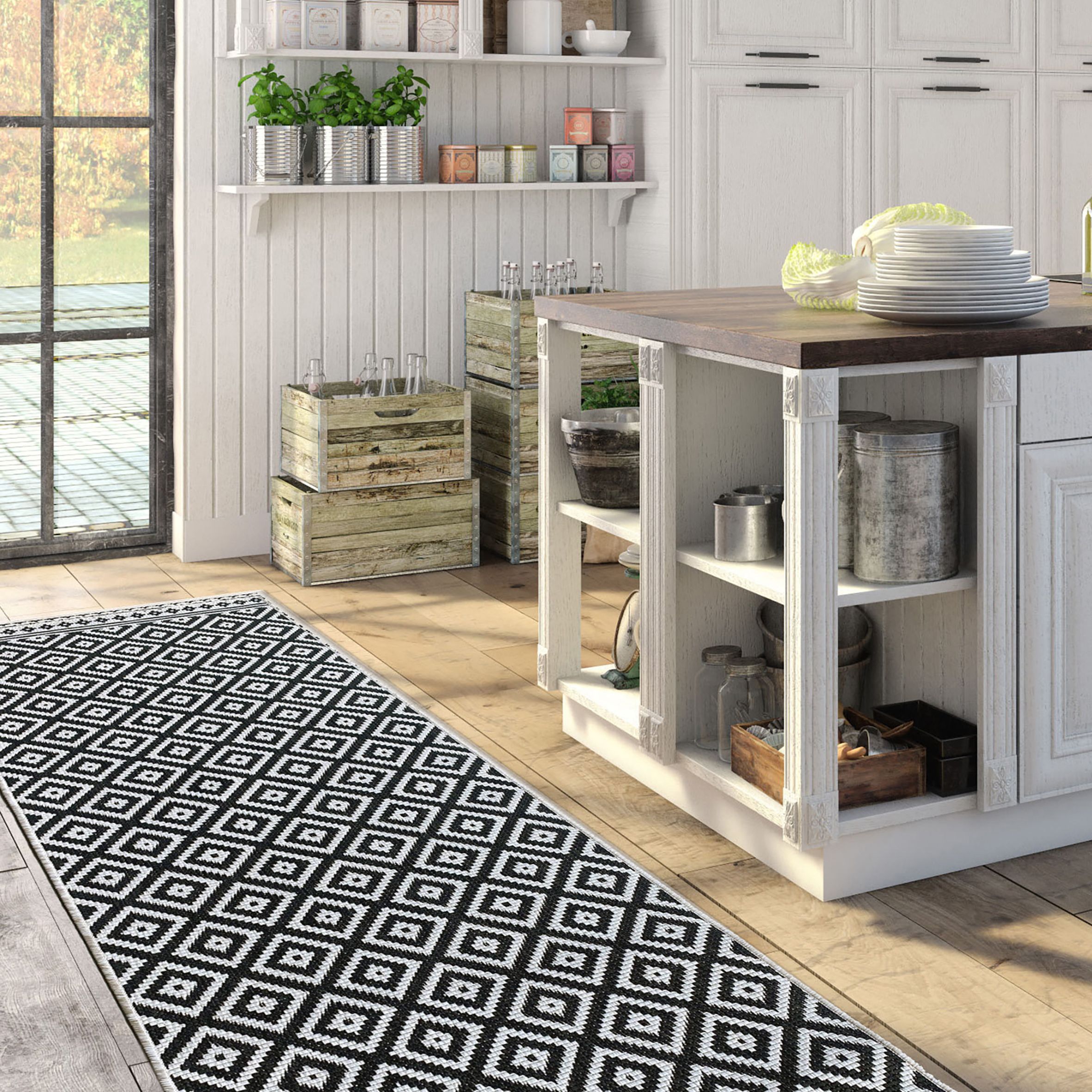 Duo Weave Black & White Geometric Reversible Indoor & outdoor Runner 180cmx70cm
