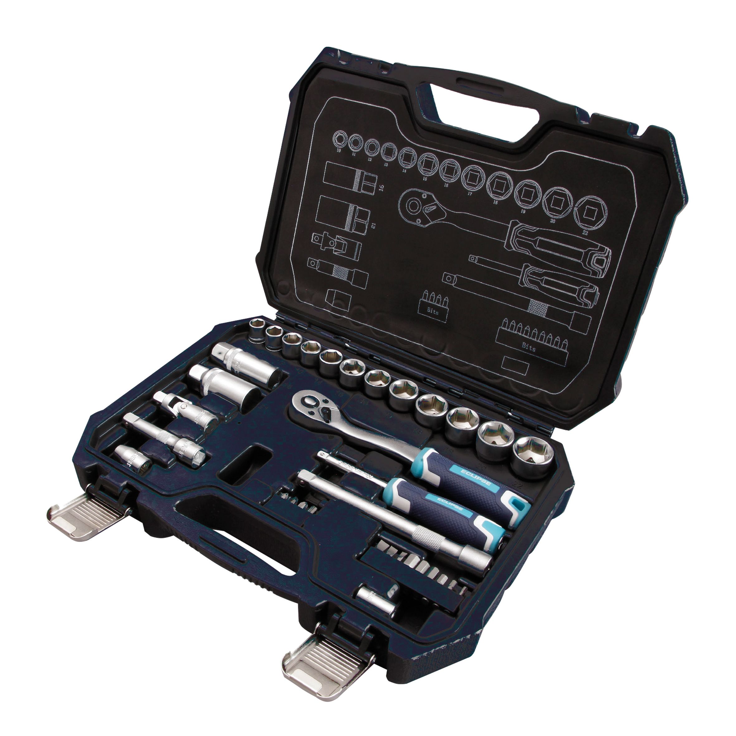 Eclipse Professional Tools 34 piece Metric Mixed Ratchet Socket set with handles
