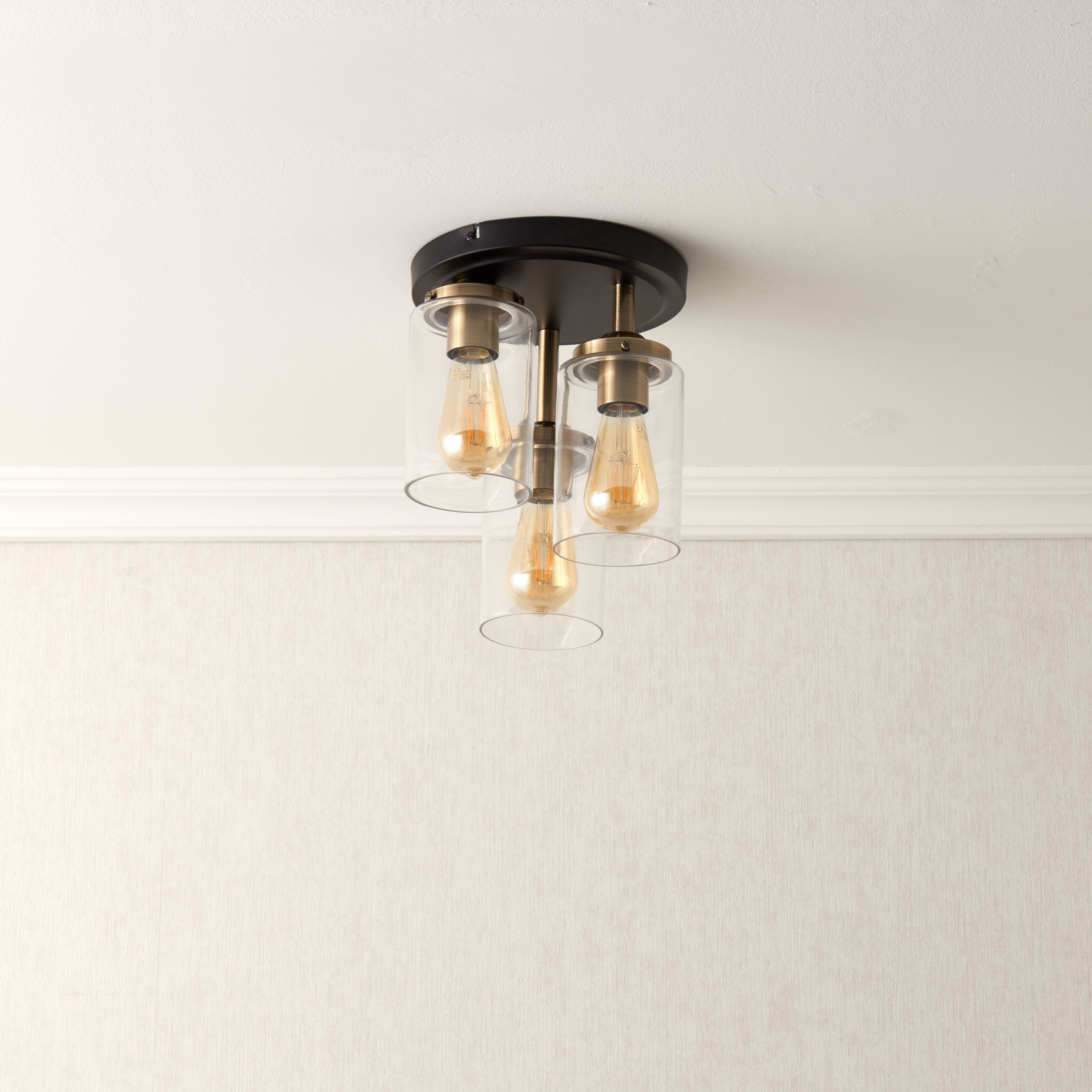 Edinburgh Matt Black Antique brass effect 3 Lamp Ceiling light