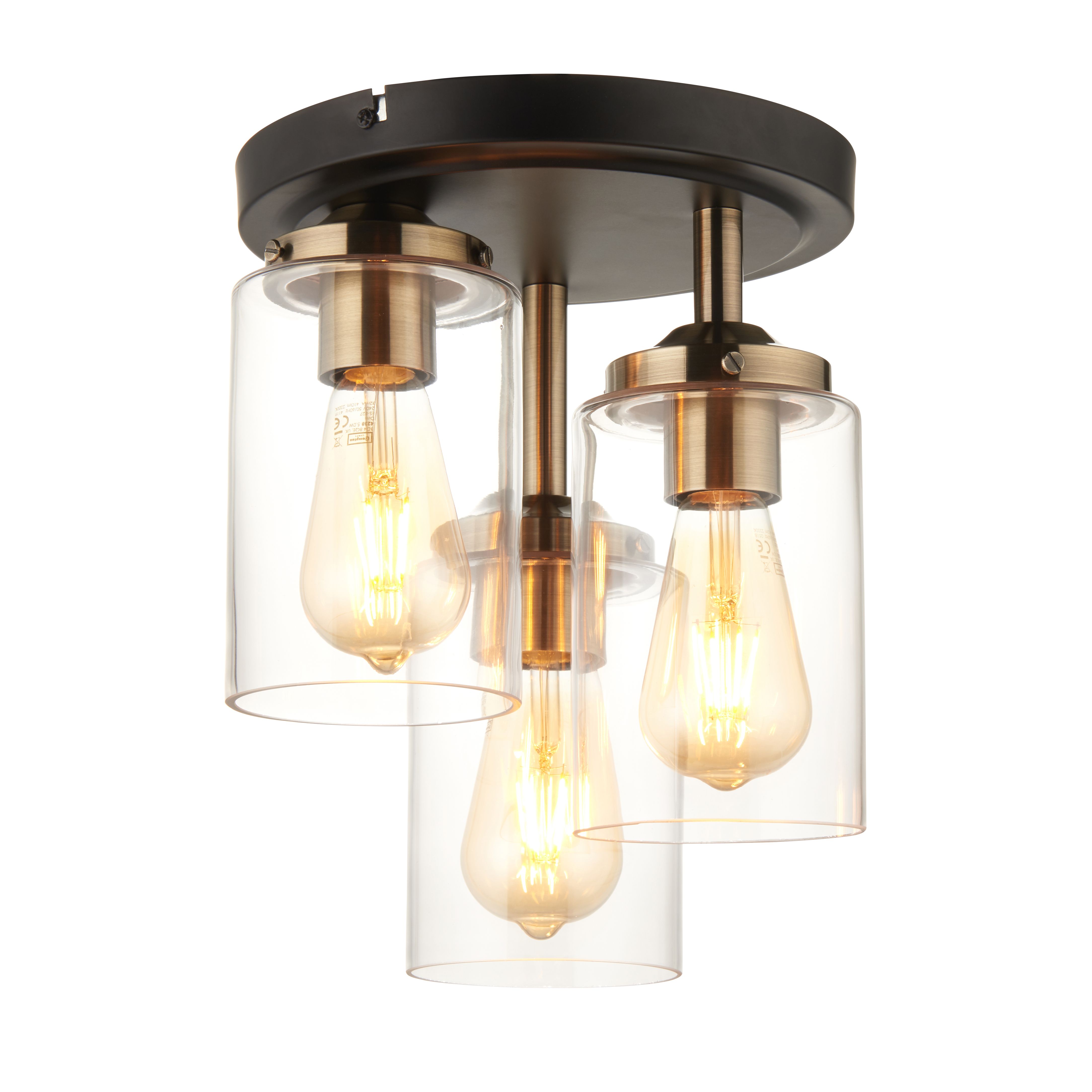 Edinburgh Matt Black Antique brass effect 3 Lamp Ceiling light