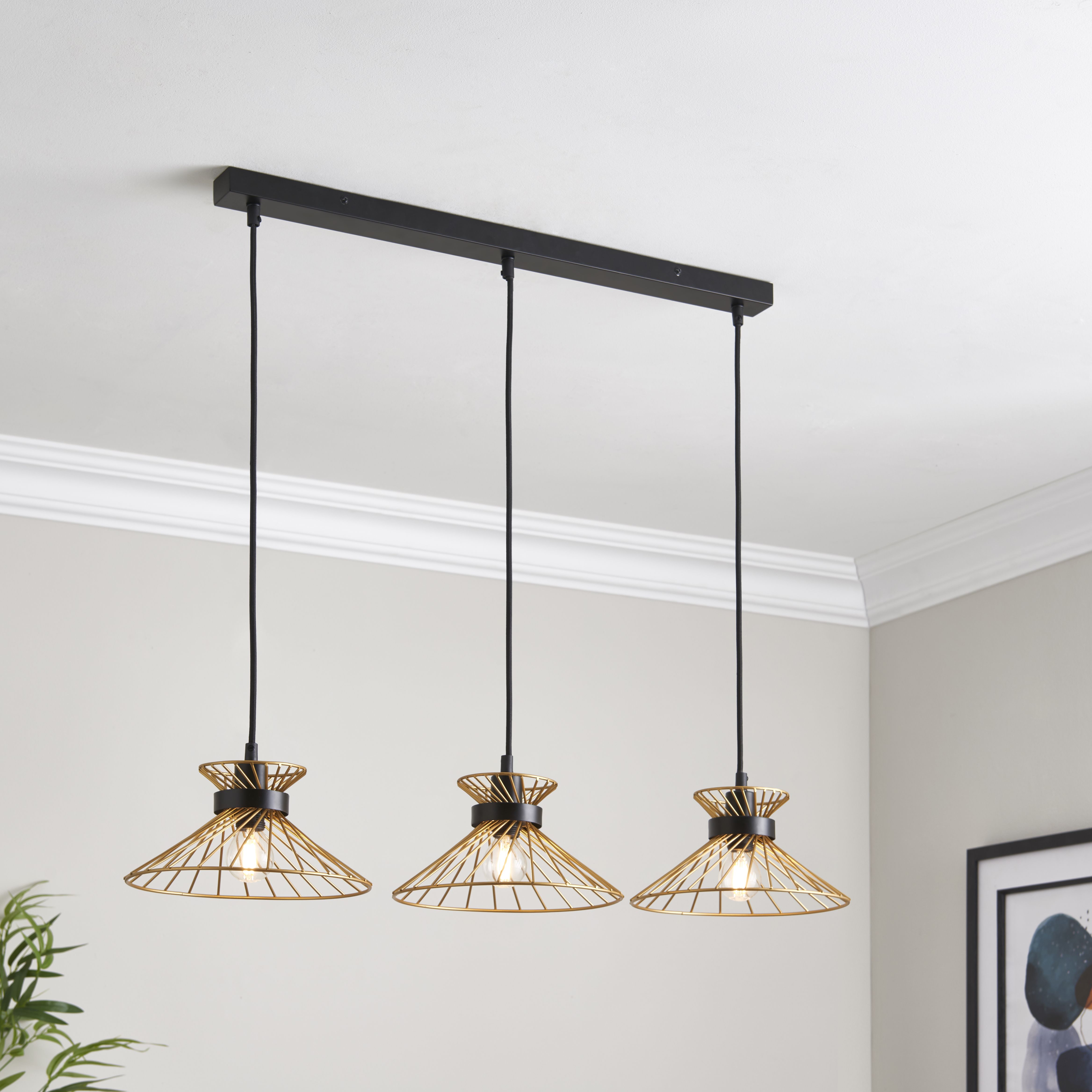 Eiffel Steel Black & Gold effect 3 Lamp Ceiling light