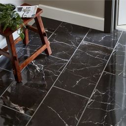 Elegance Black Gloss Marble effect Ceramic Indoor Wall & floor Tile, Pack of 7, (L)600mm (W)300mm