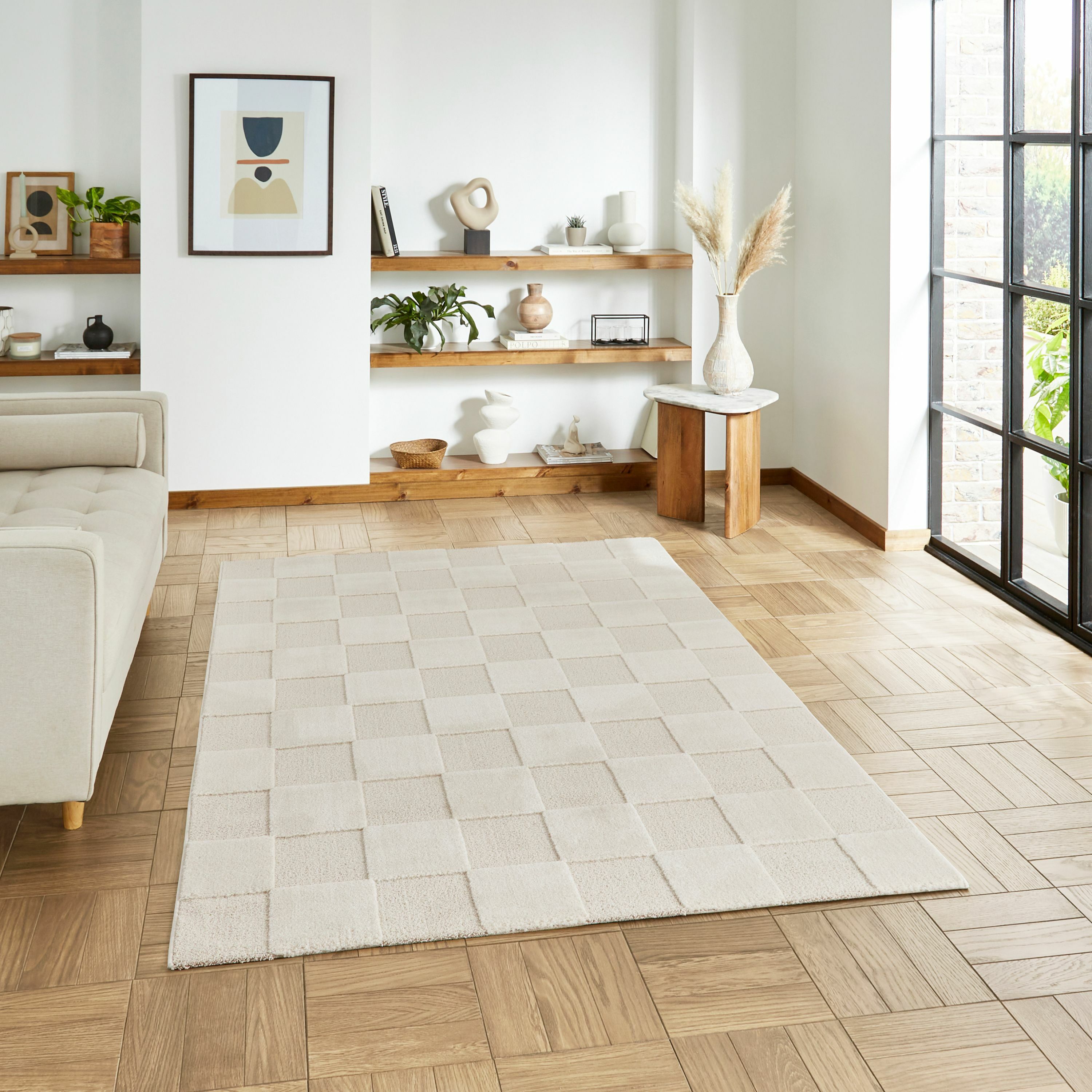 Elio Beige Checkerboard 3D effect Medium Rug, (L)170cm x (W)120cm