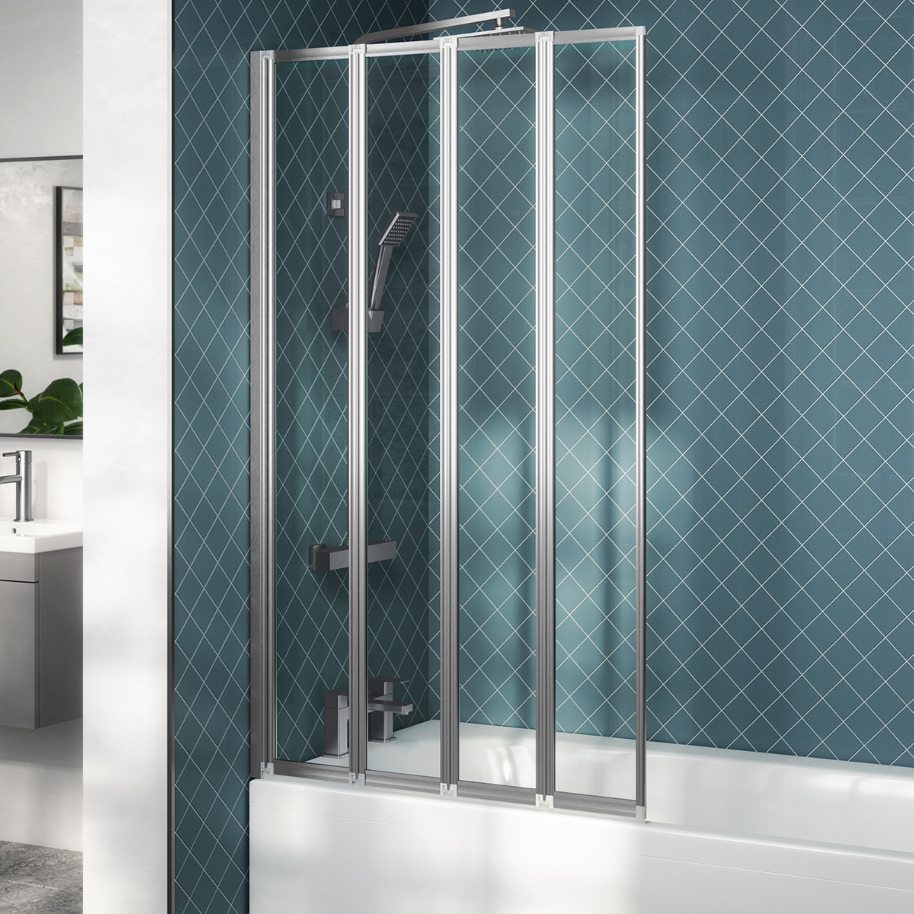 Ellsi Neo Folding 4 panel Clear glass Chrome effect frame Bath screen, (W) 840mm (H) 1400mm