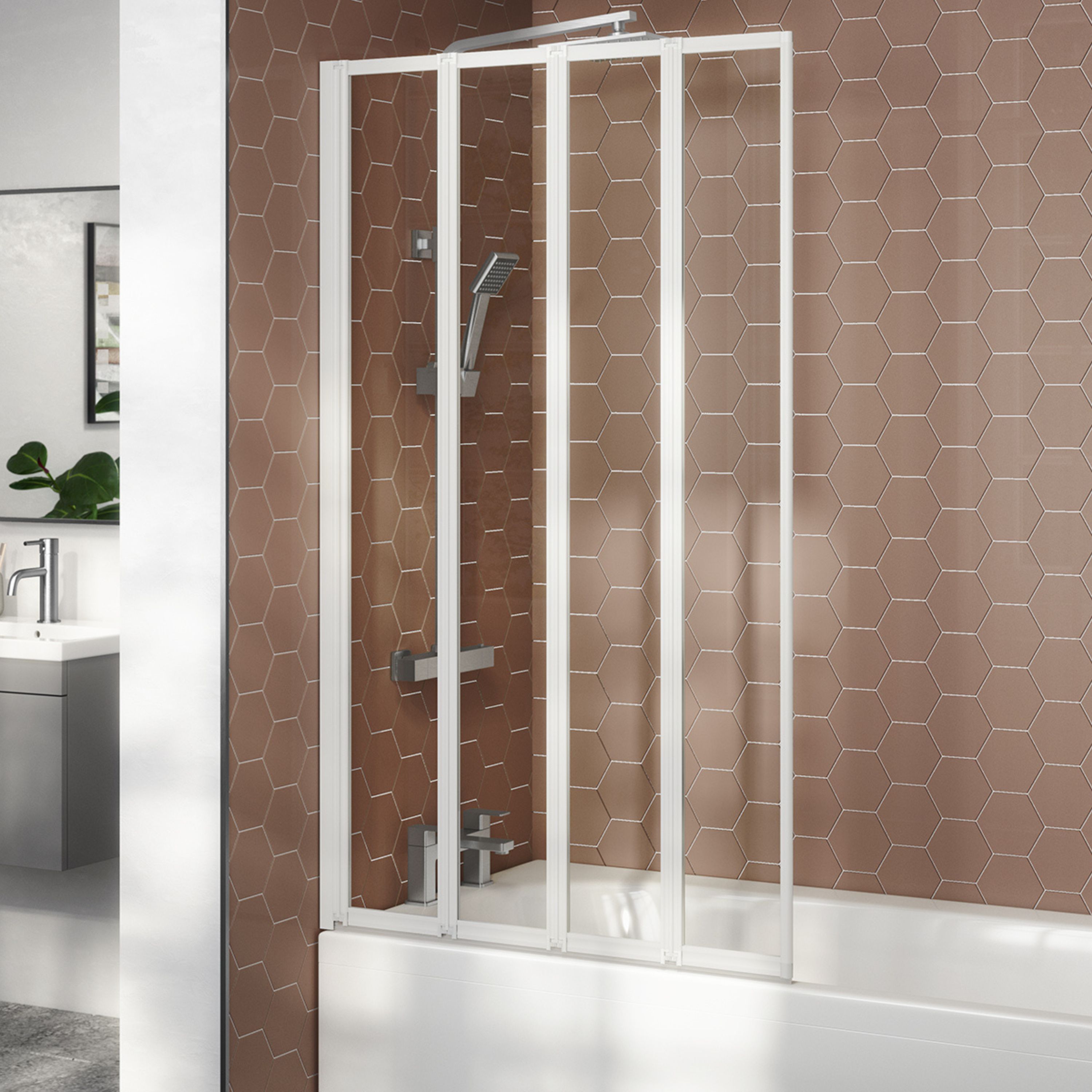 Ellsi Neo Folding 4 panel Clear glass White Bath screen, (W) 840mm (H) 1400mm