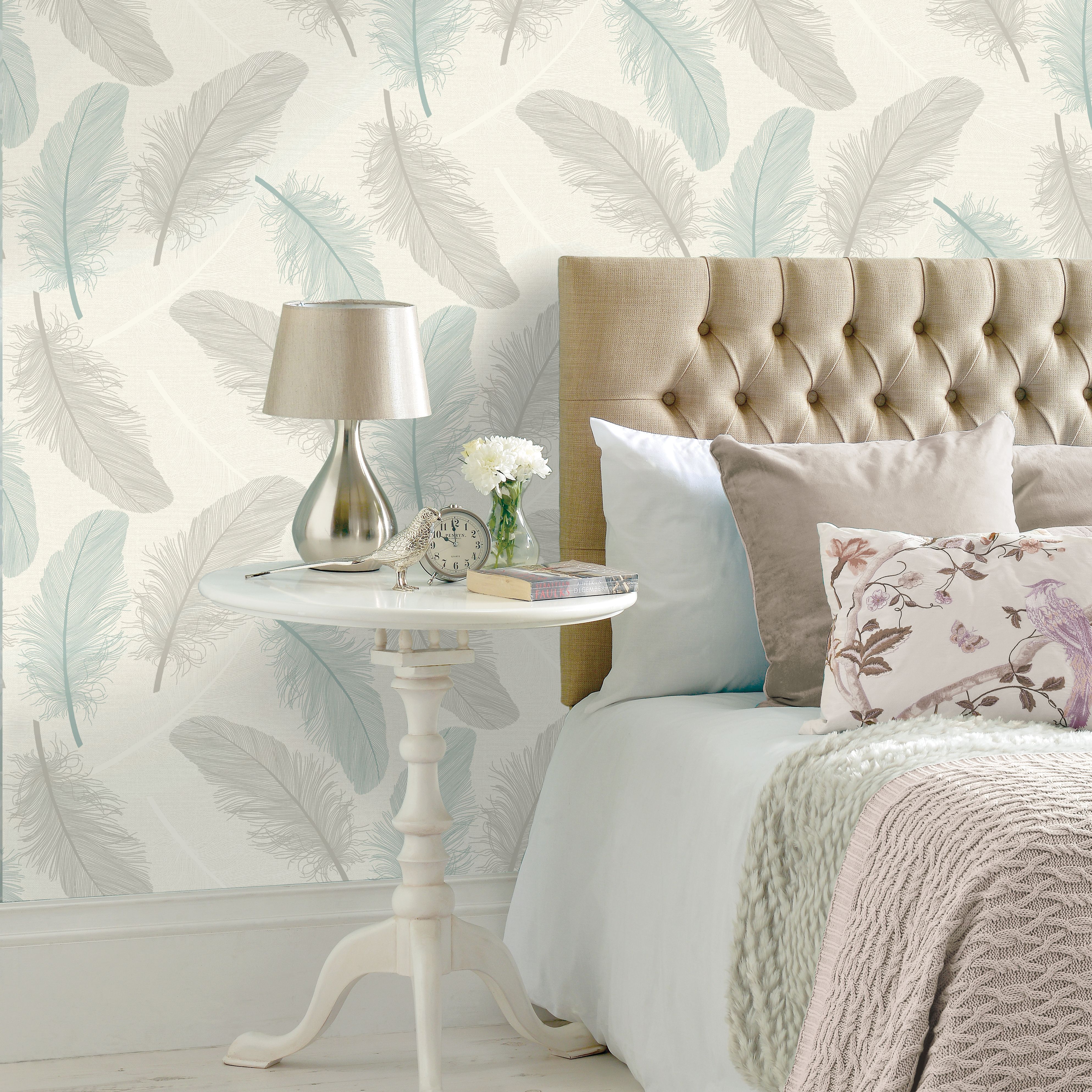 Elstow Teal Feather Textured Wallpaper