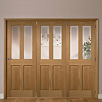 Elveden 4 panel 2 Lite Frosted Glazed Oak veneer Internal Tri-fold Door set, (H)2035mm (W)2374mm