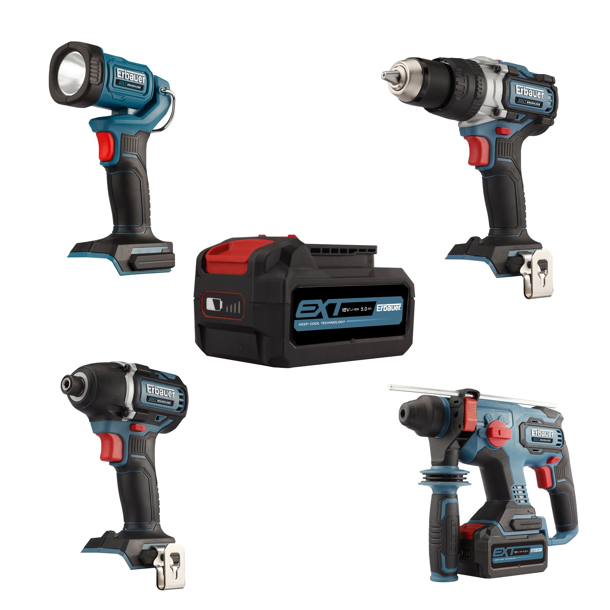 Erbauer EXT 18V 5Ah Li ion Cordless 4 piece Power tool kit