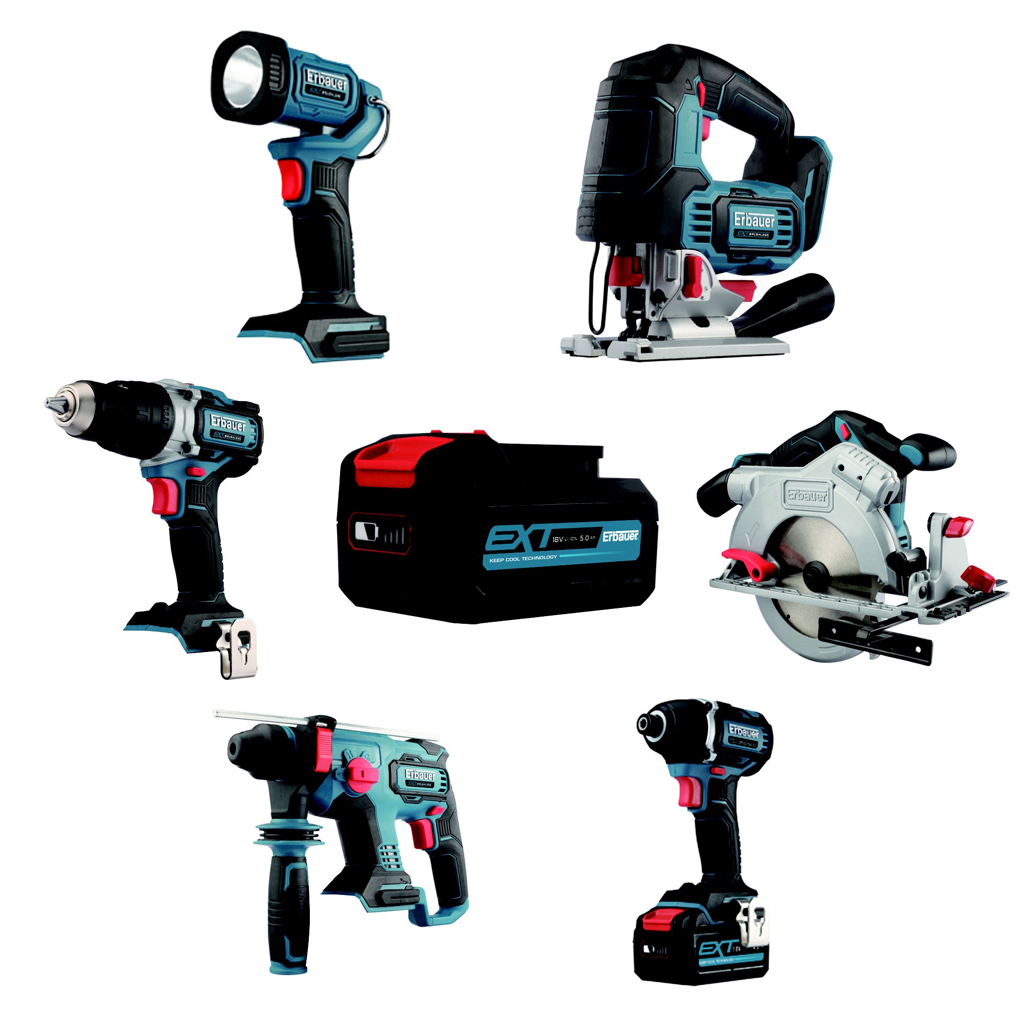 Erbauer EXT 18V 5Ah Li ion Cordless 6 piece Power tool kit