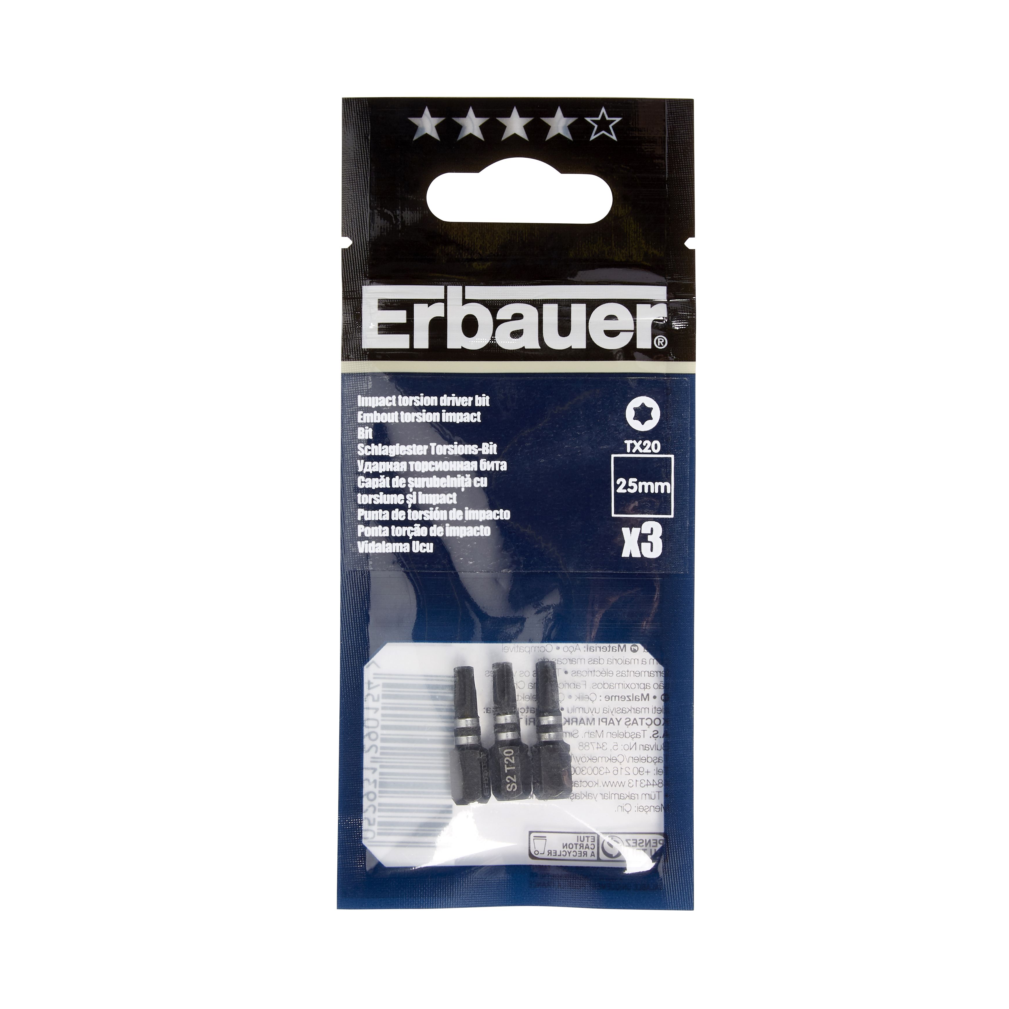 Erbauer TX20 Impact Screwdriver bits L 25mm Pack of 3 Tradepoint