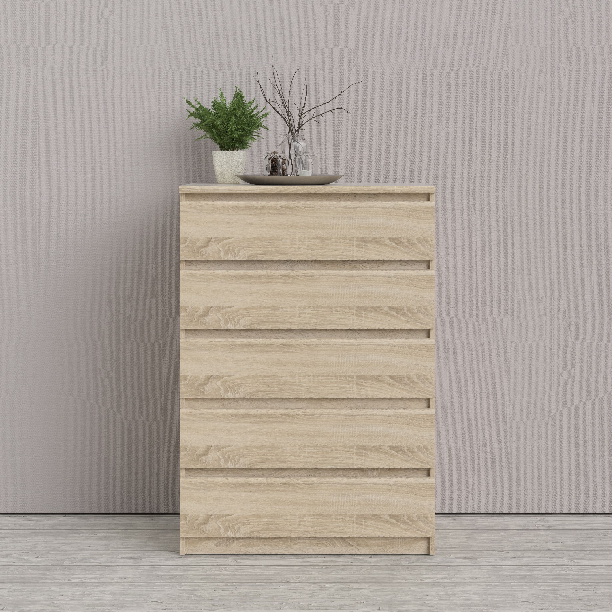 Esla High gloss oak effect 5 Drawer Wide Chest of drawers (H)1110mm (W)770mm (D)500mm