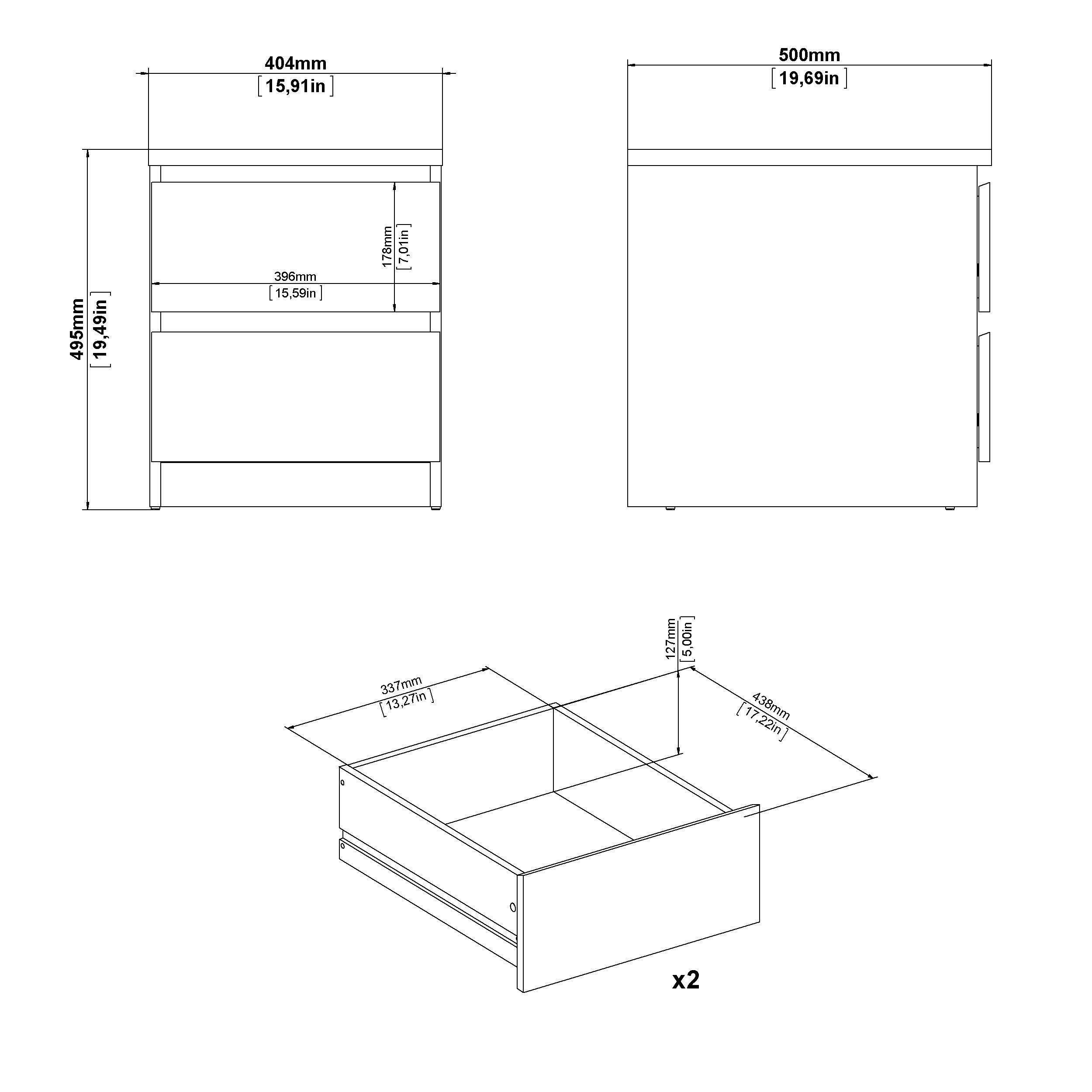 Esla Matt jackson hickory 2 Drawer Bedside table (H)495mm (W)404mm (D)500mm