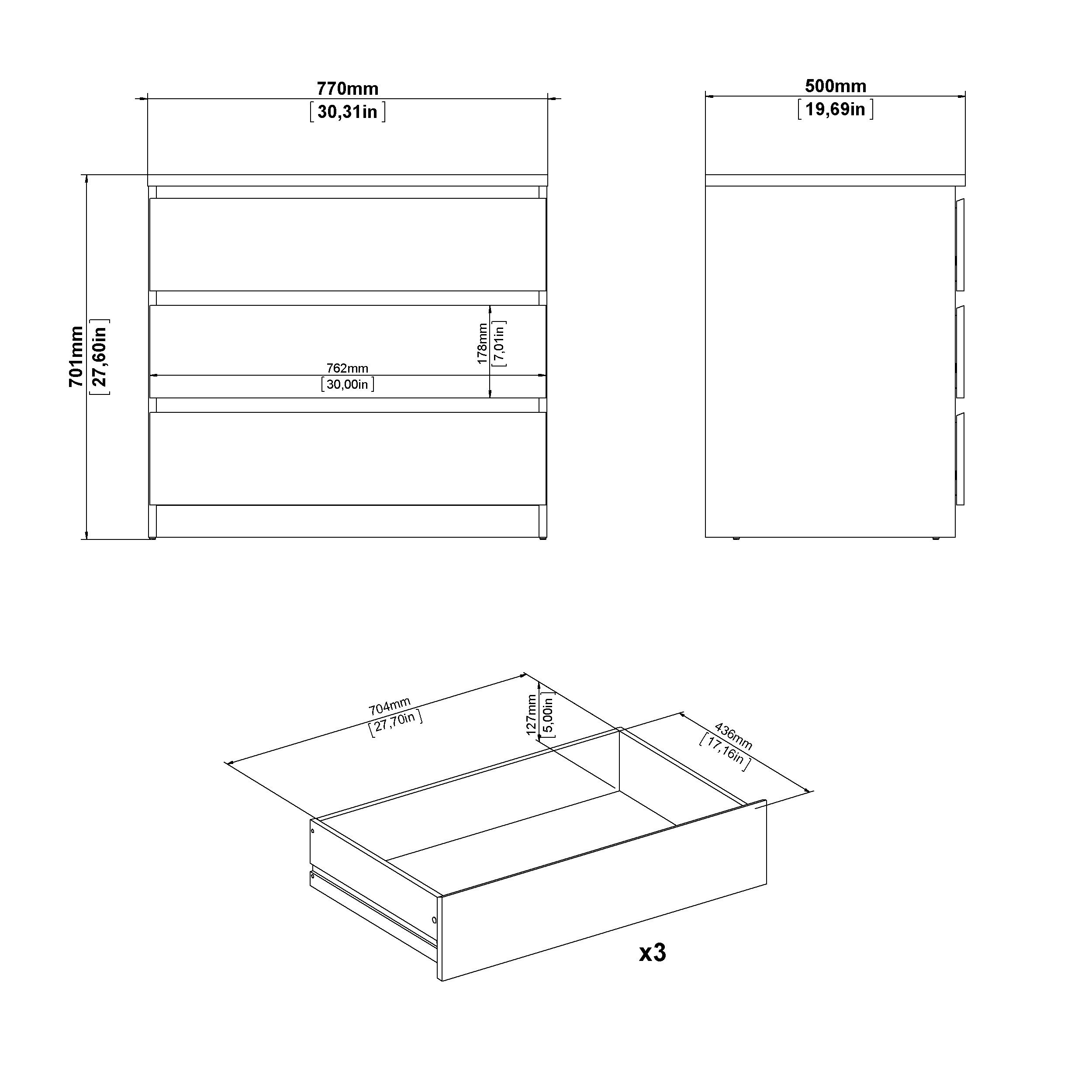 Esla Matt white 3 Drawer Chest (H)701mm (W)770mm (D)500mm