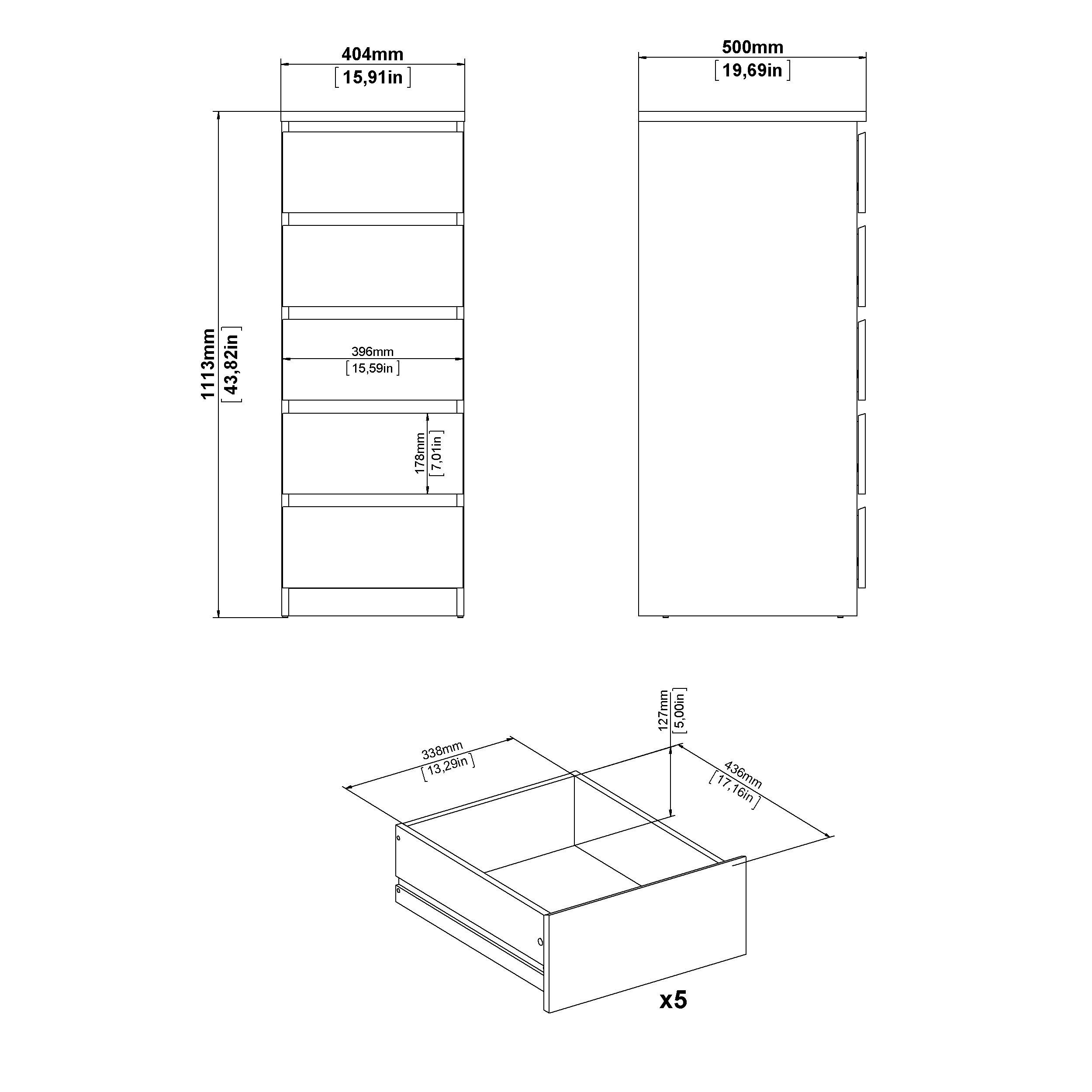 Esla Matt white 5 Drawer Chest (H)1113mm (W)404mm (D)500mm