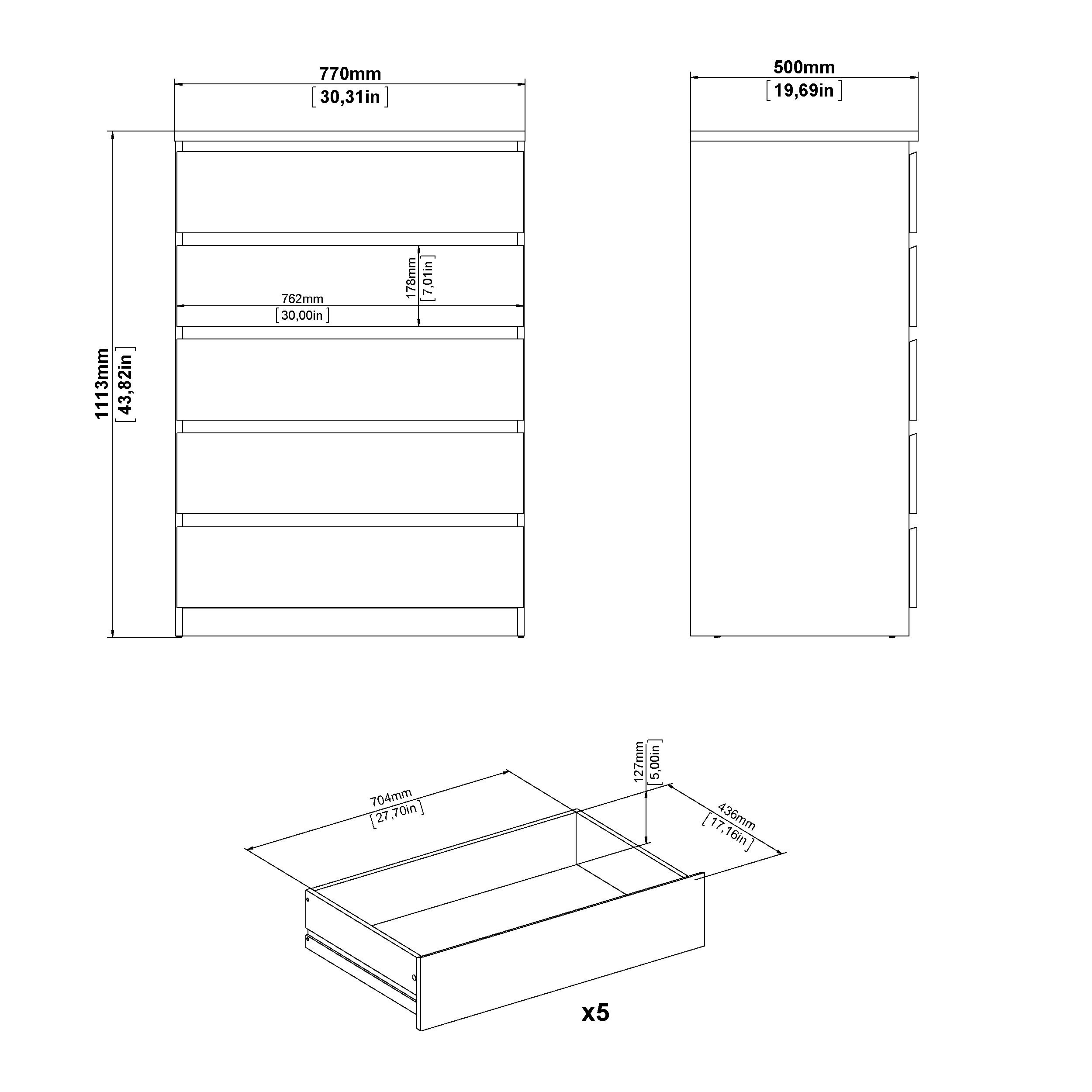 Esla Matt white 5 Drawer Chest (H)1113mm (W)770mm (D)500mm